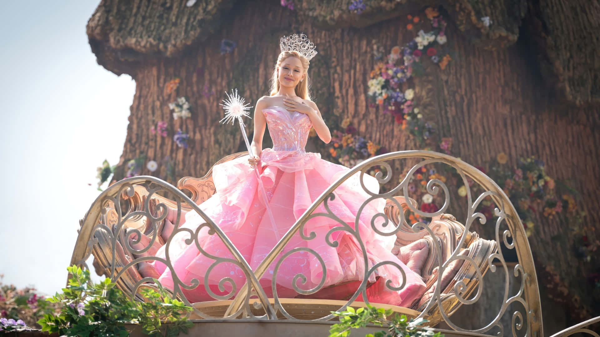 Wicked Glinda, pink gown, golden throne, Full HD Desktop Wallpaper