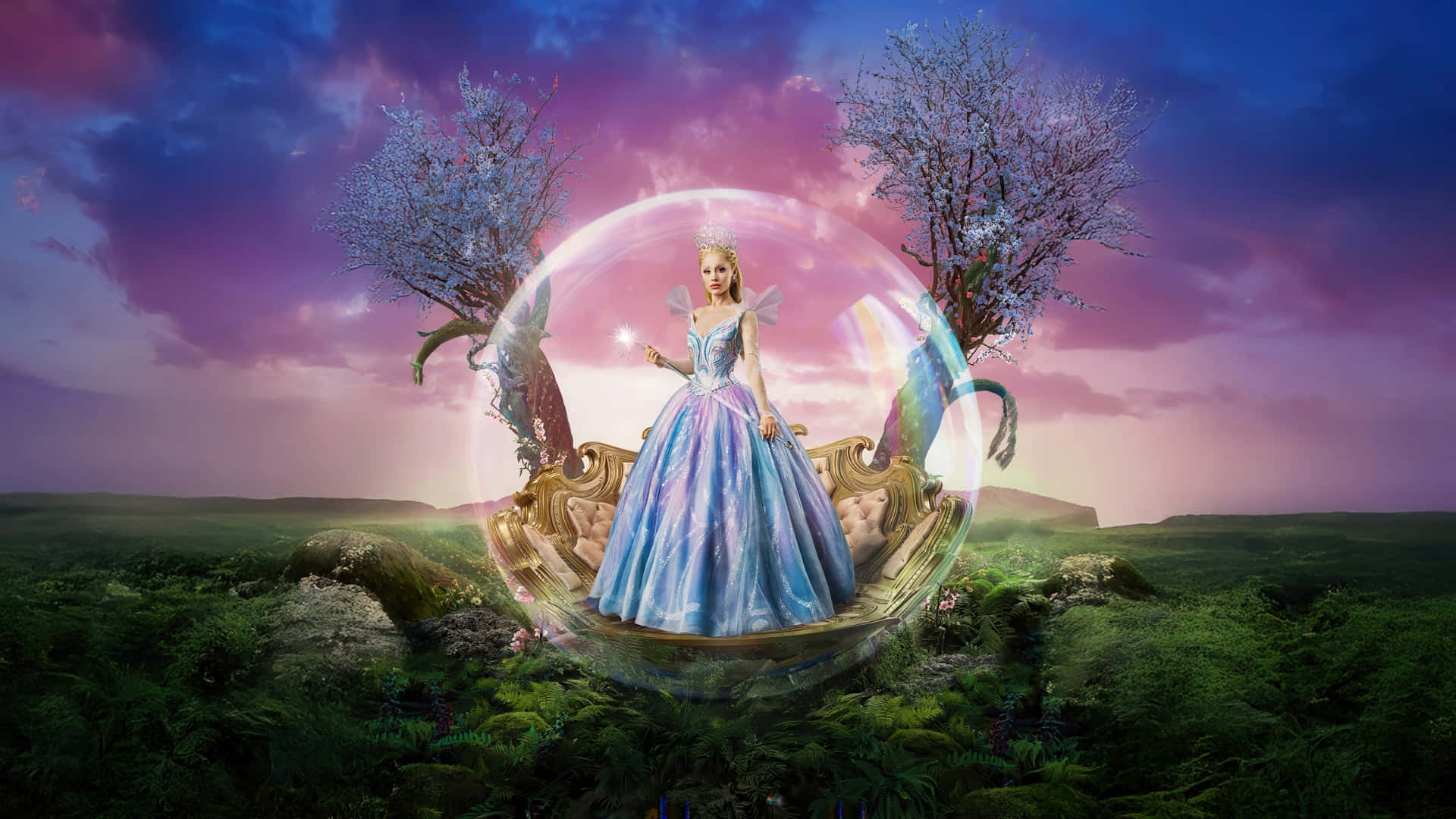 Wicked Glinda, blue gown, golden carriage, Full HD Desktop Wallpaper