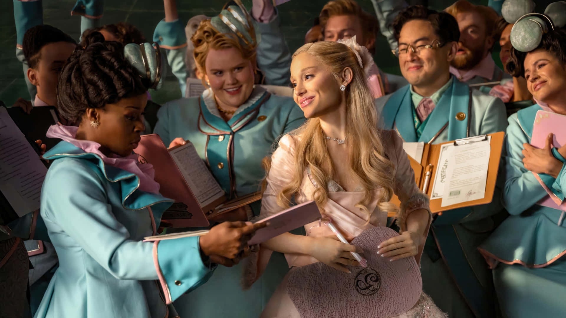 Wicked Glinda, pink dress, teal uniform, Full HD Desktop Wallpaper
