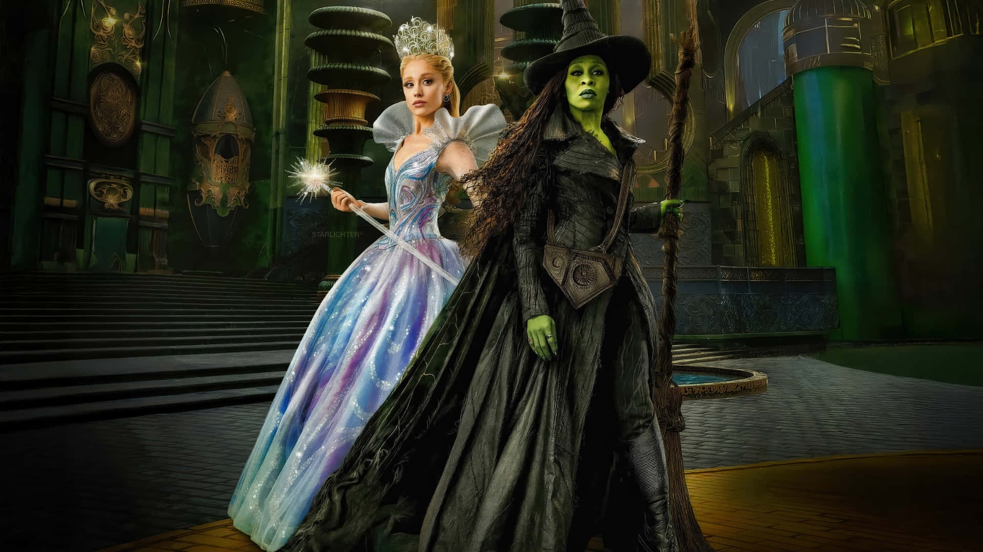 Wicked Glinda, shimmering blue gown, green-skinned witch, Full HD Desktop Wallpaper