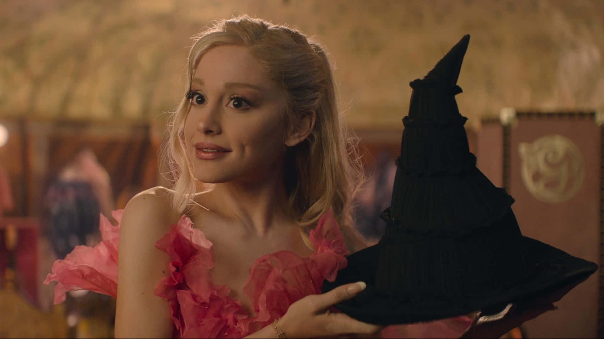 Wicked Glinda, pink ruffled dress, black pointed witch hat, Full HD Desktop Wallpaper