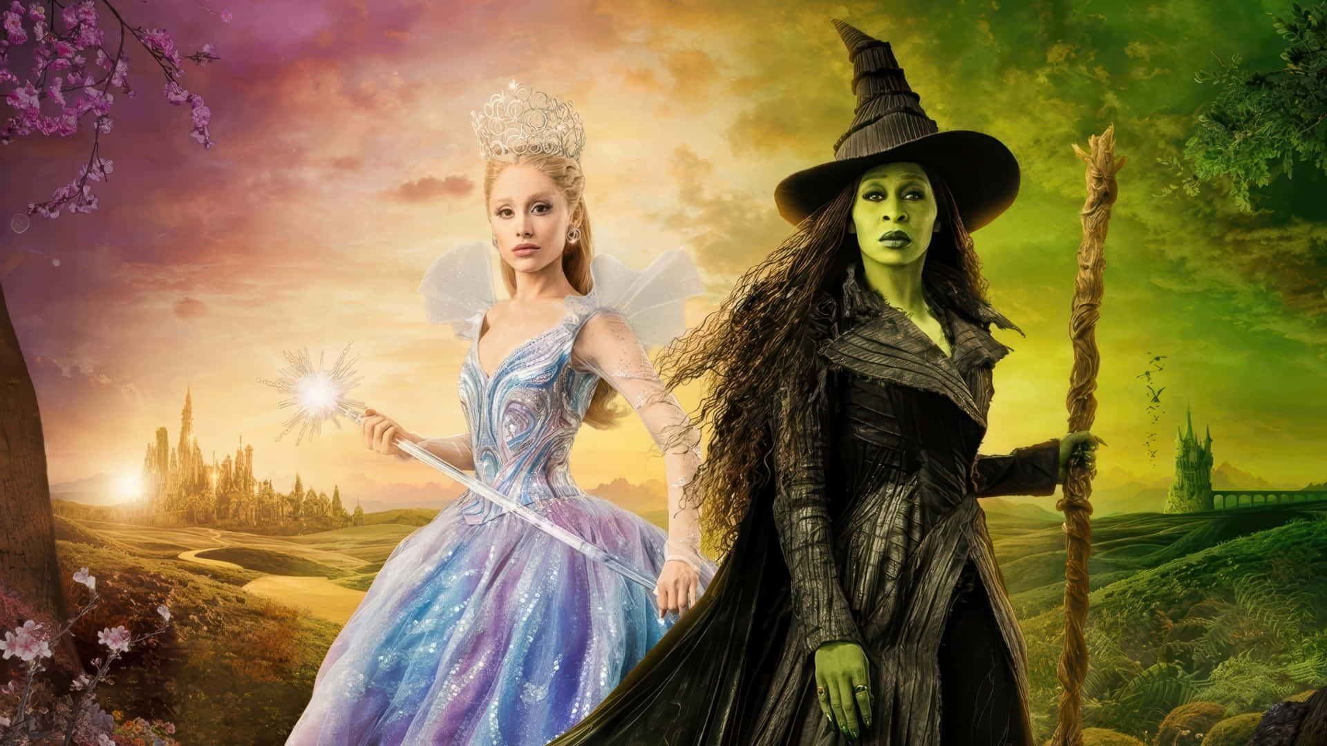 Wicked Glinda, shimmering blue gown, glowing wand, Full HD Desktop Wallpaper