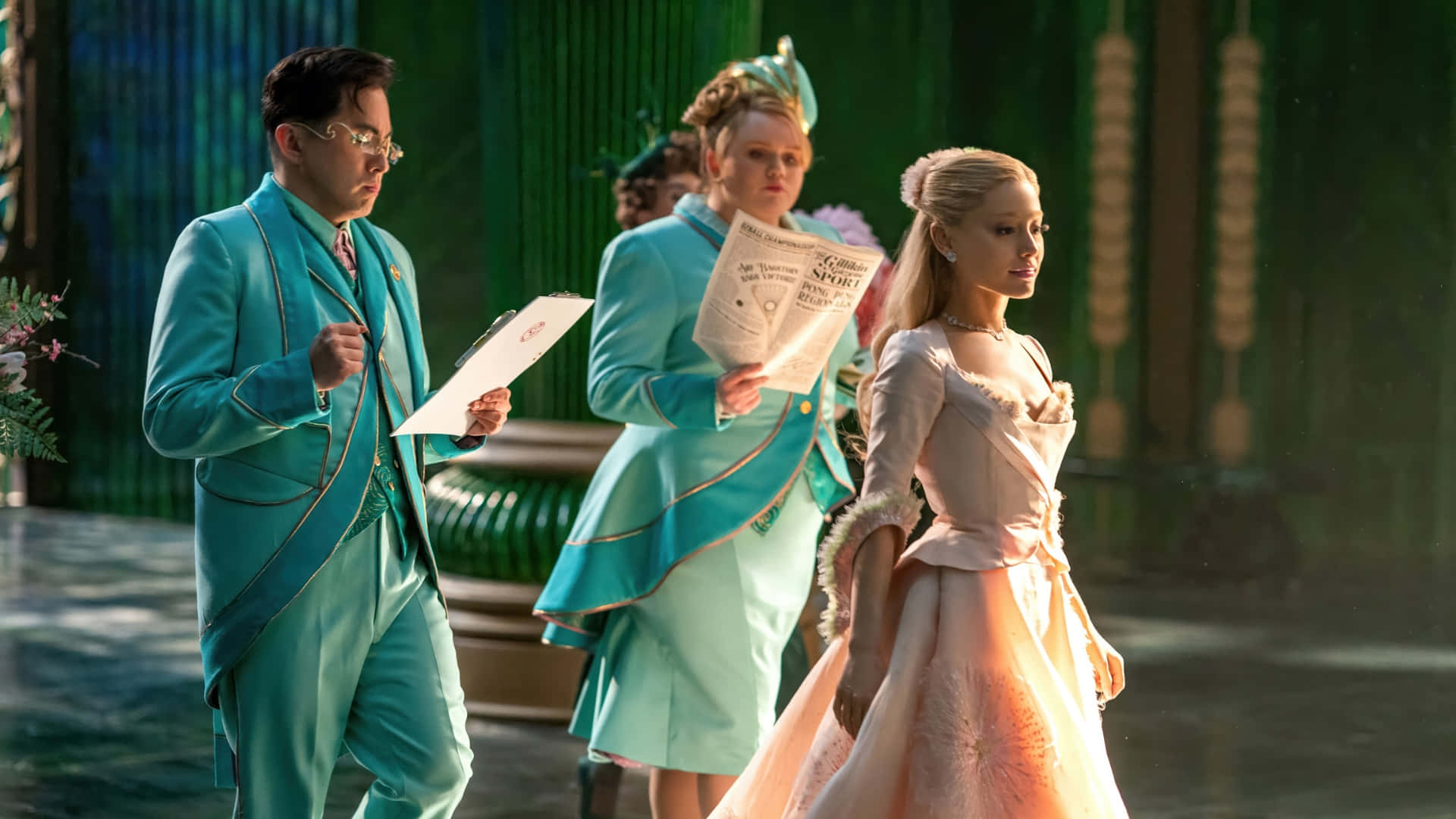 Wicked Glinda, peach gown, teal uniforms, Full HD Desktop Wallpaper