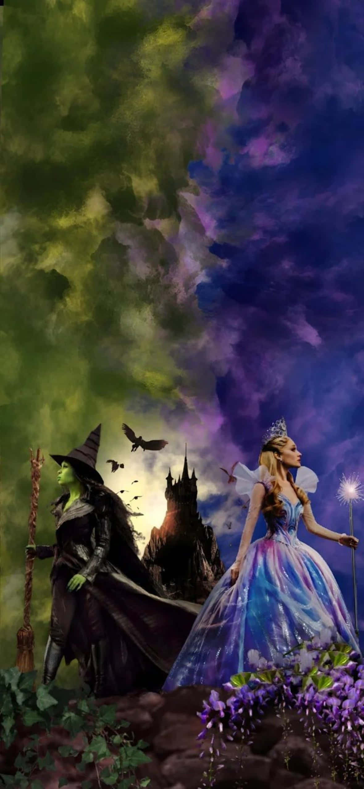 green witch, broom, glowing princess, Full HD Phone Wallpaper