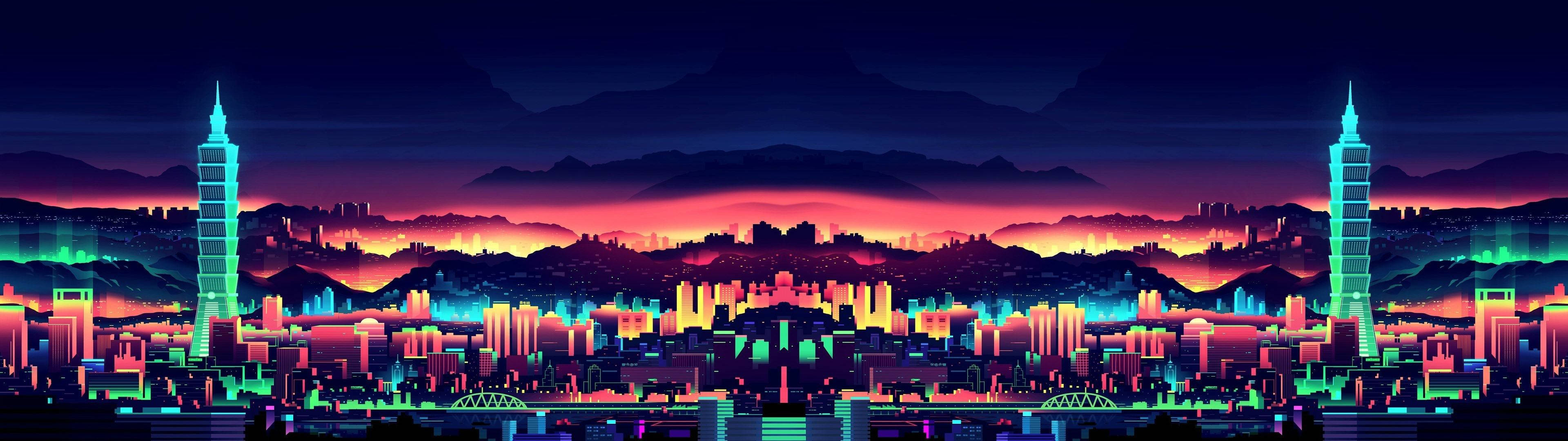 3840x1080, dual monitor, neon-drenched, 4K Desktop Wallpaper