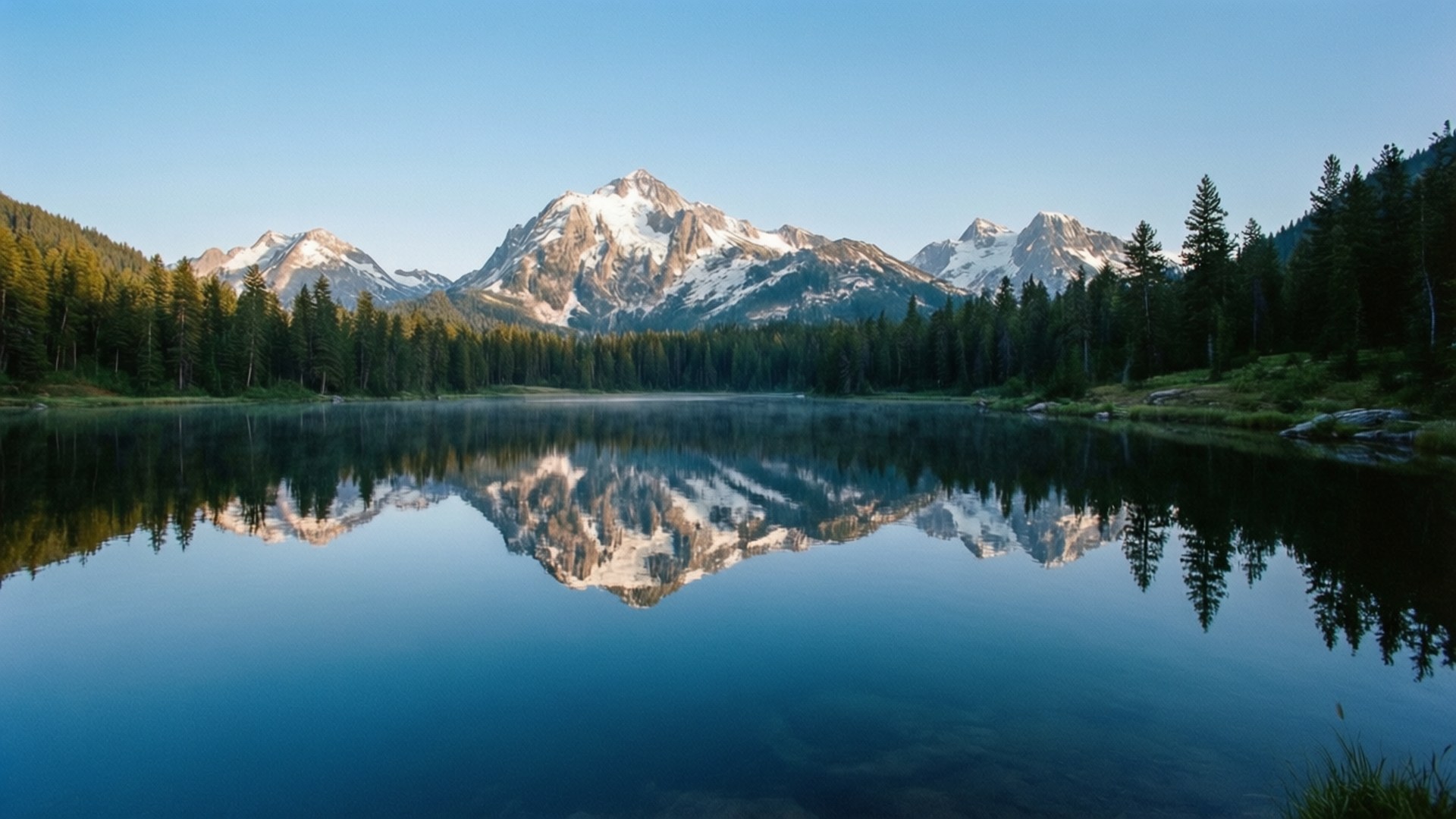 alpine lake, snowcapped peaks, evergreen forests, Full HD Desktop Wallpaper