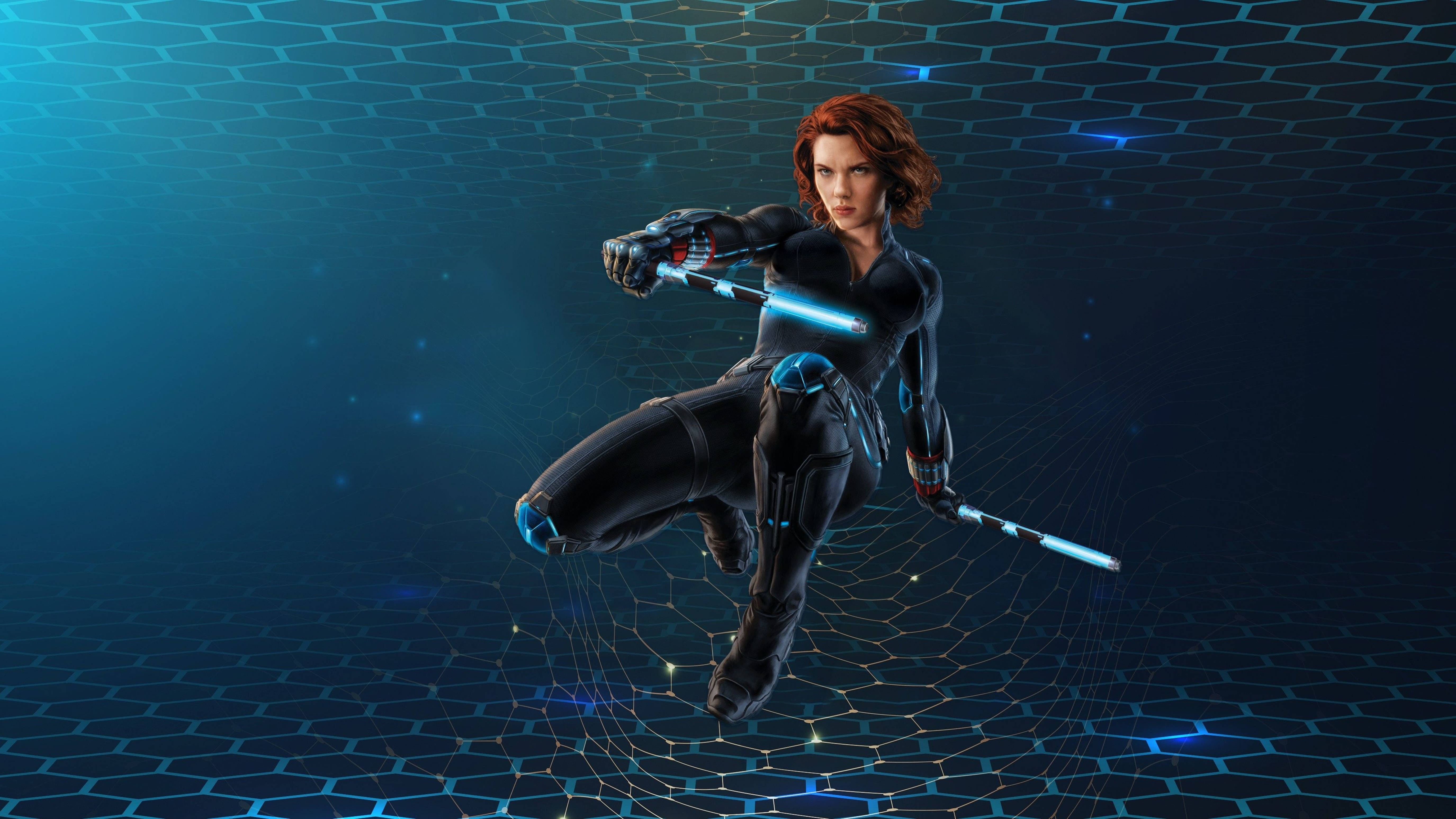 Black Widow, sleek black suit, glowing blue weapons, 5K Desktop Wallpaper