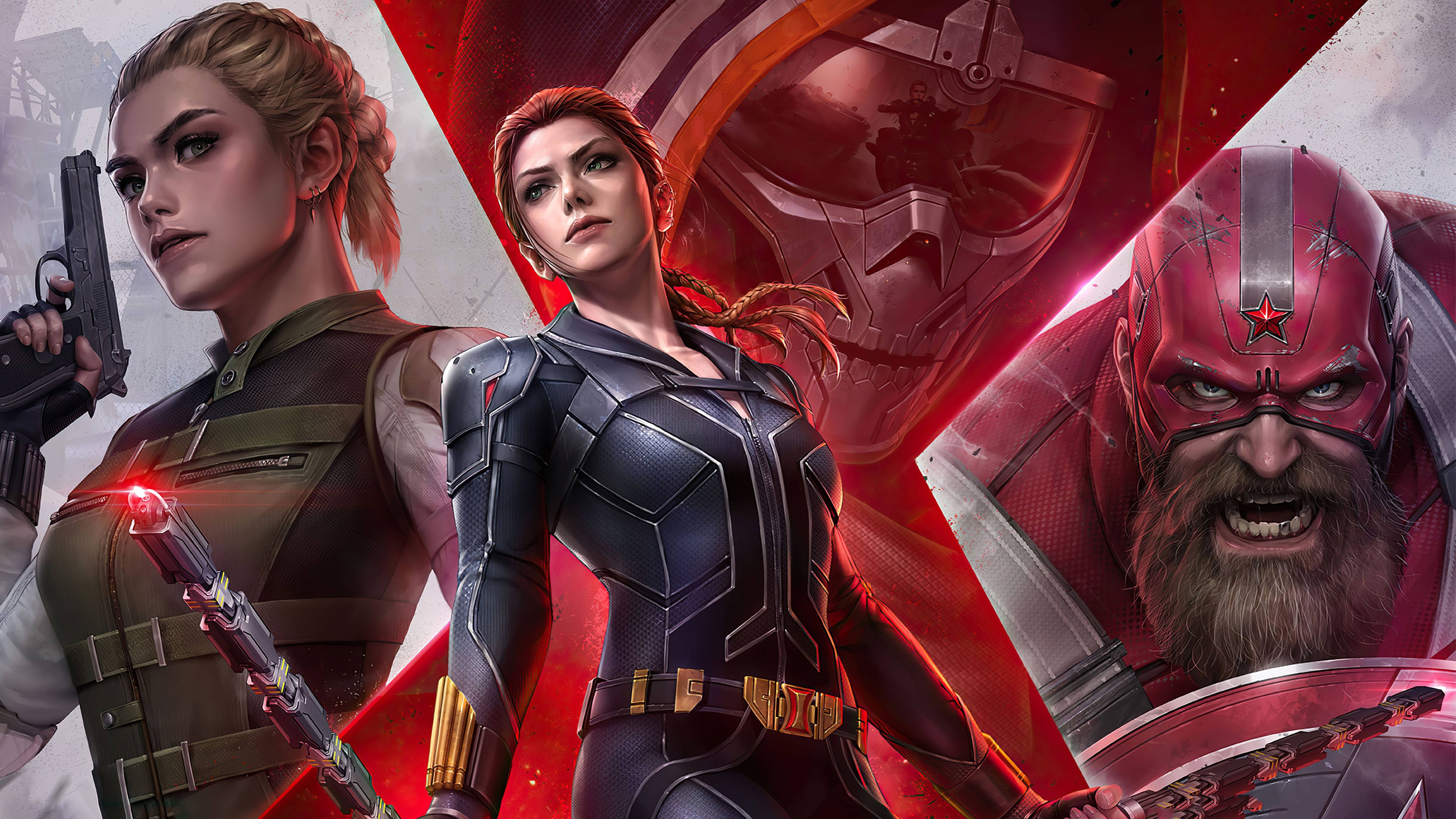 Black Widow, red and gray fractured background, detailed combat gear, 5K Desktop Wallpaper