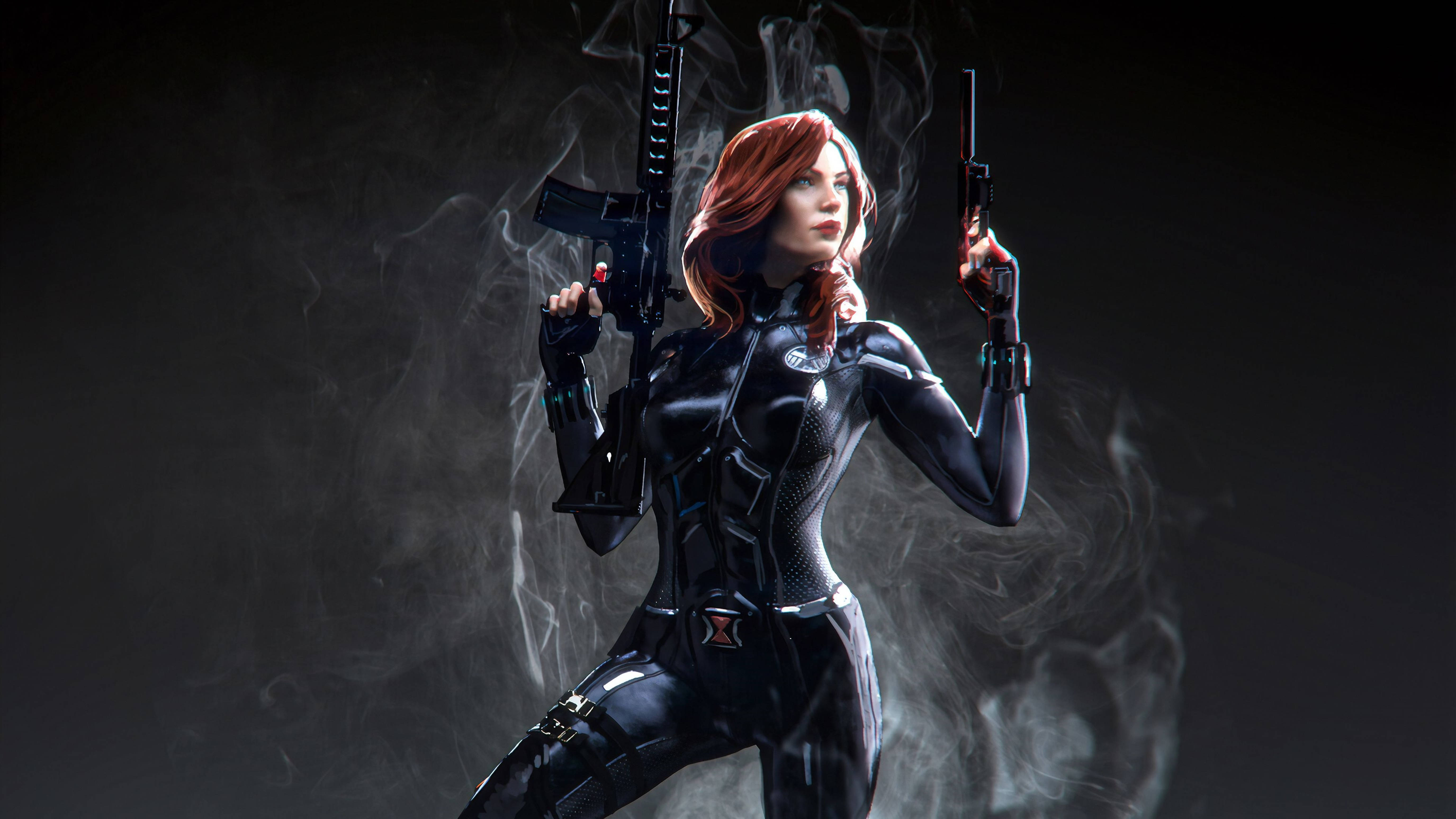 Black Widow, black tactical suit, two guns, 5K Desktop Wallpaper