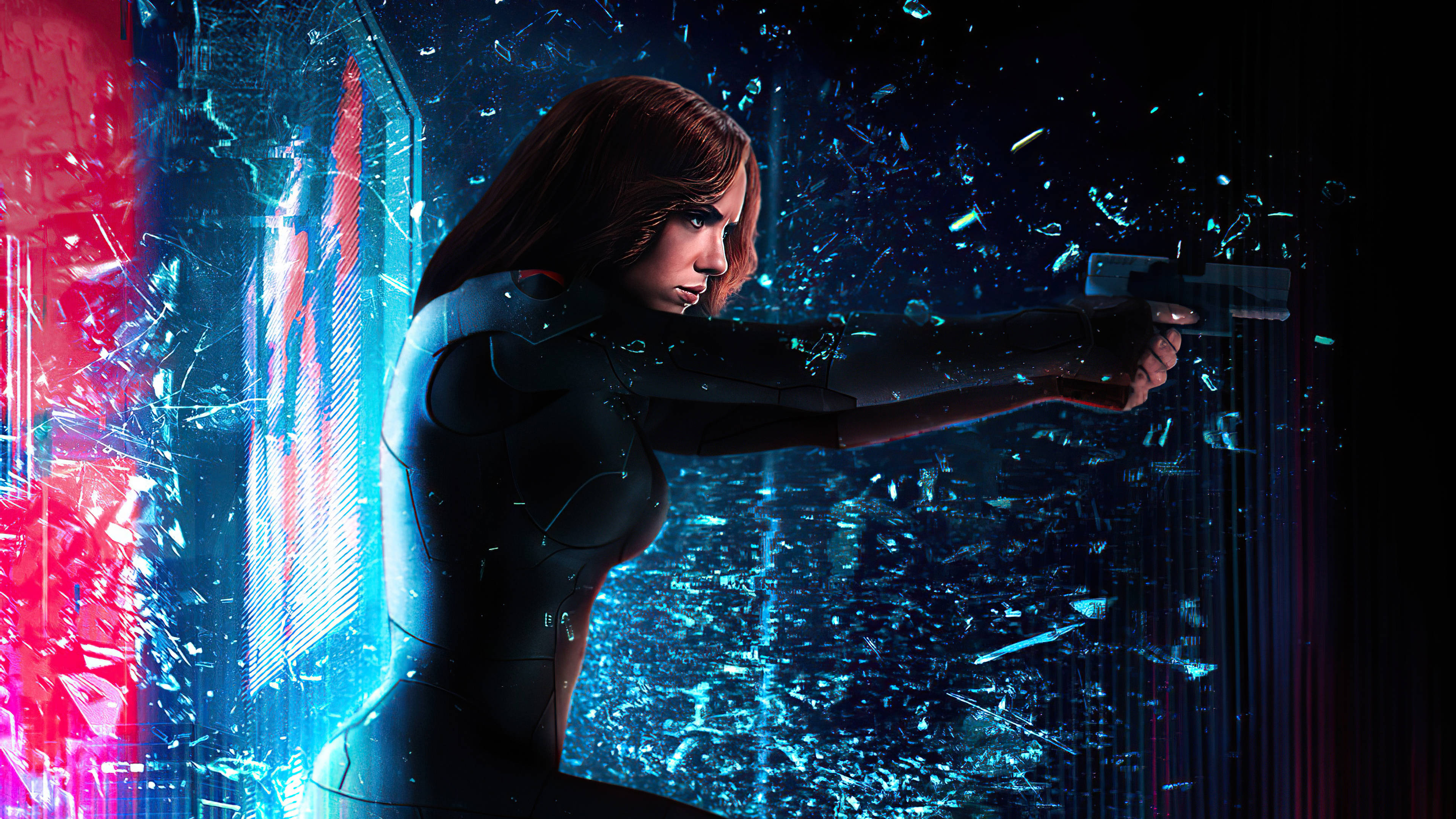Black Widow, sleek black suit, shattered glass wall, 4K Desktop Wallpaper