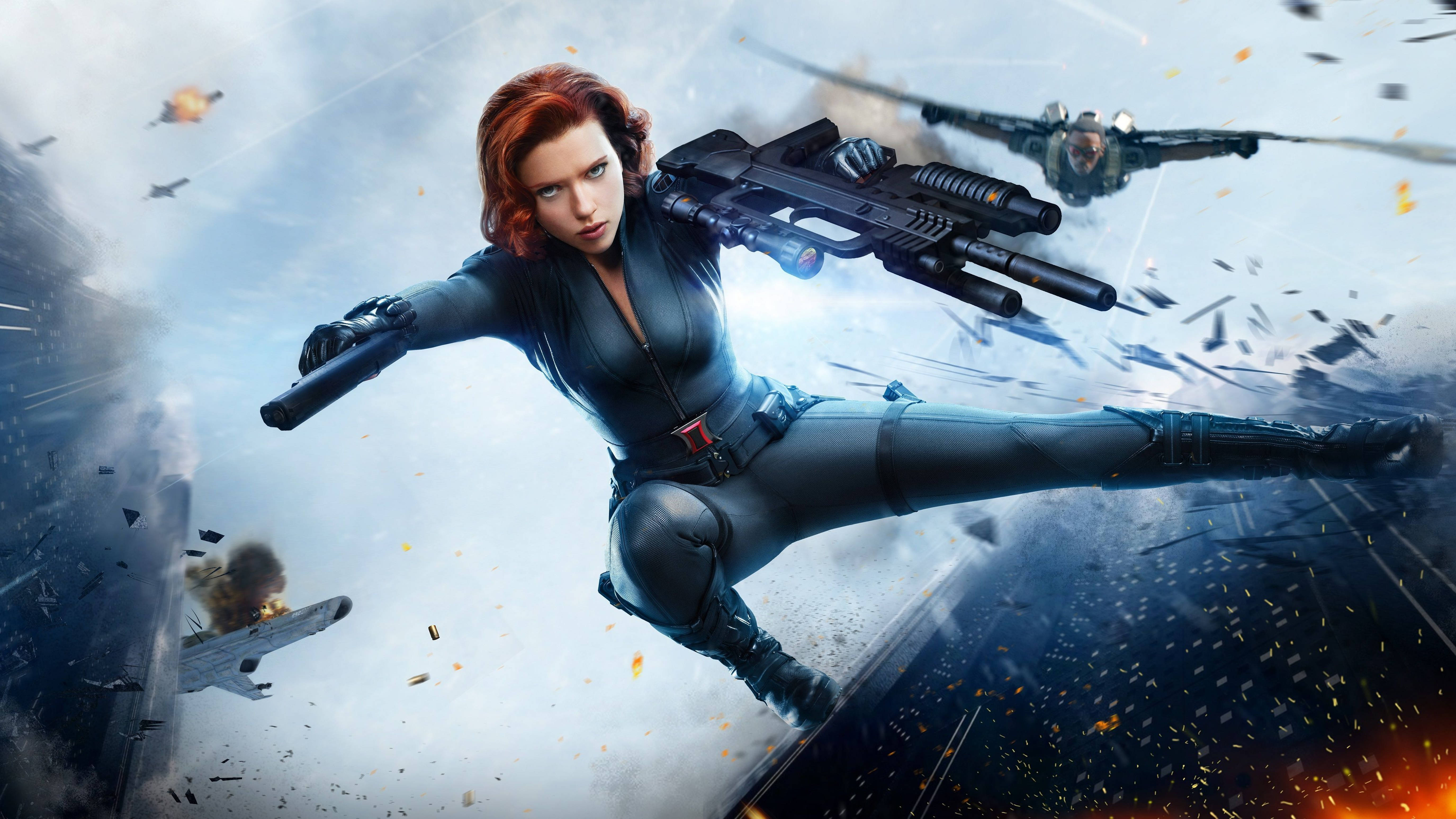 Black Widow, dual pistols, explosions, 5K Desktop Wallpaper