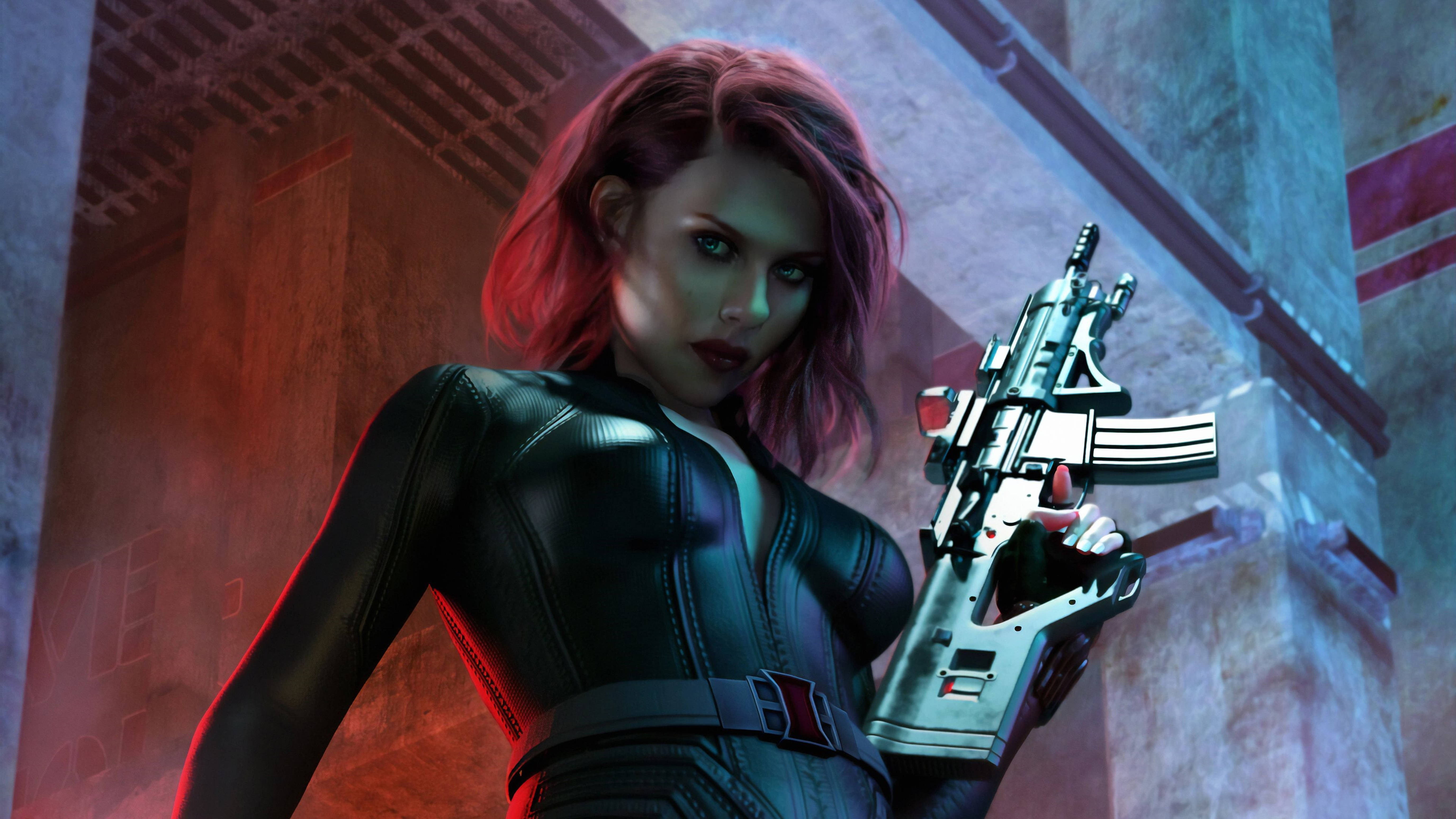 Black Widow, red hair, black tactical suit, 5K Desktop Wallpaper
