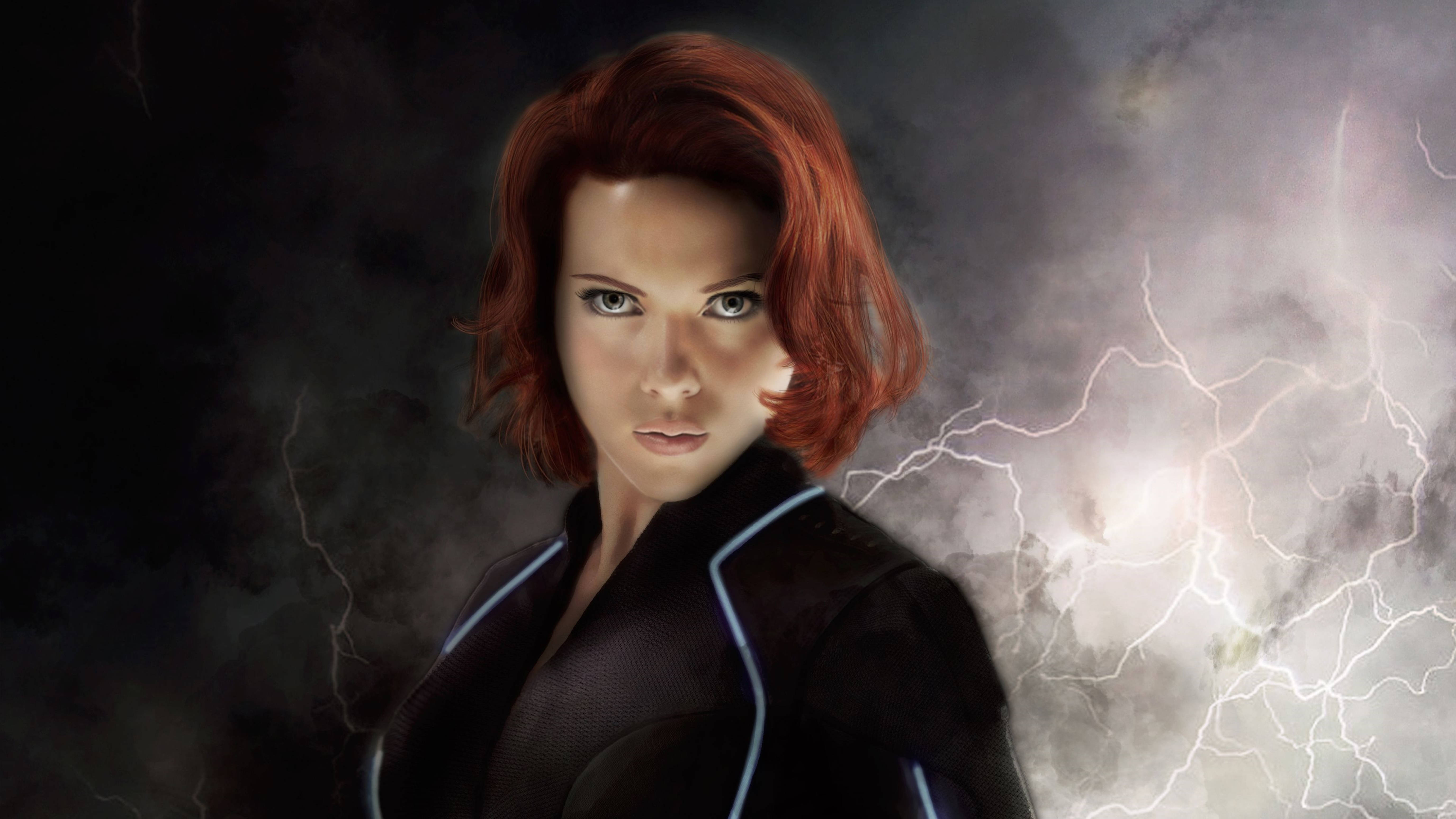 Black Widow, stormy sky, lightning, 5K Desktop Wallpaper