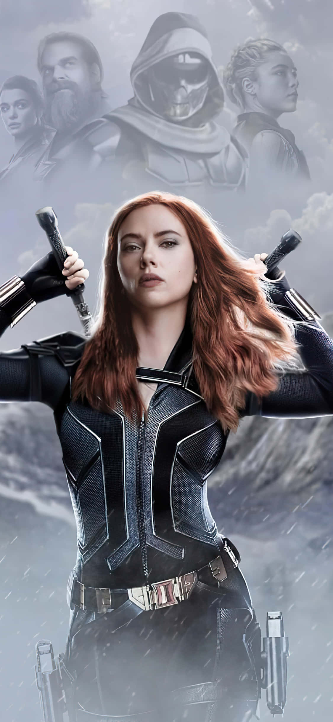 Black Widow, dual blades, stormy mountainous backdrop, Full HD Phone Wallpaper