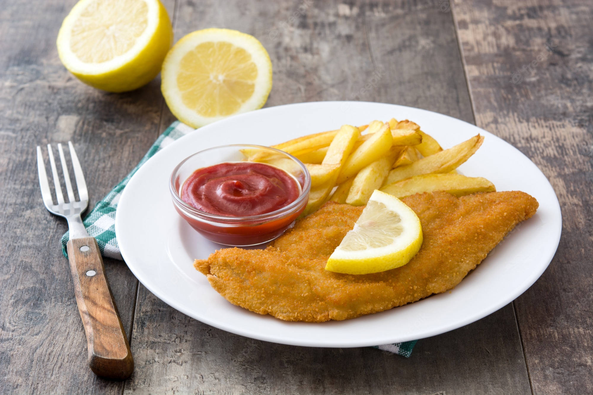 golden brown wiener schnitzel, fries, ketchup, Full HD Desktop Wallpaper
