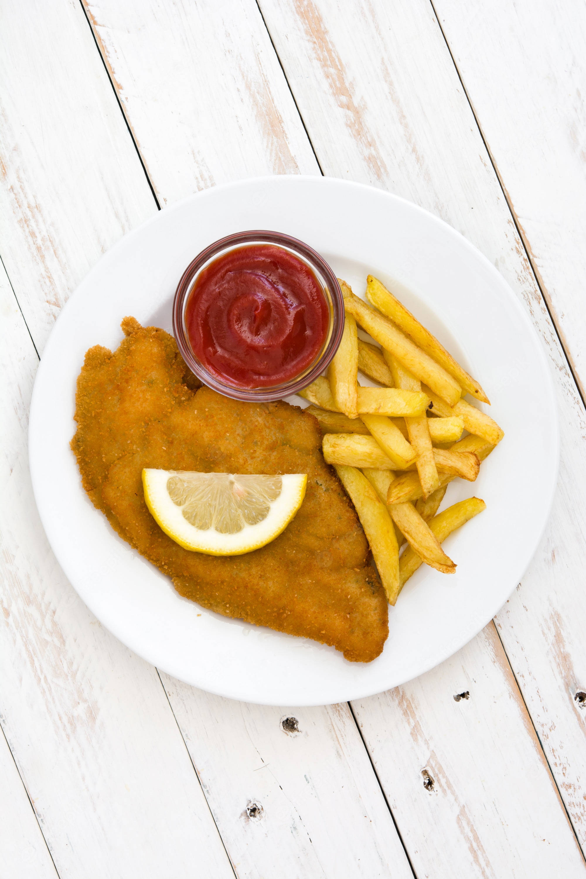 Wiener Schnitzel, white platter, crispy fries, 2K Phone Wallpaper