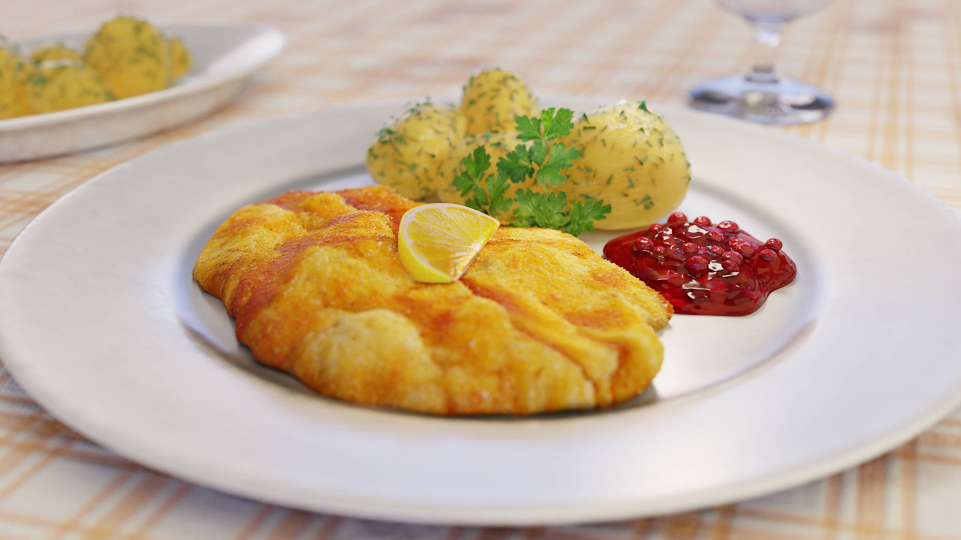 fried golden yellow wiener schnitzel, golden-brown breaded schnitzel, herb potatoes, Full HD Desktop Wallpaper