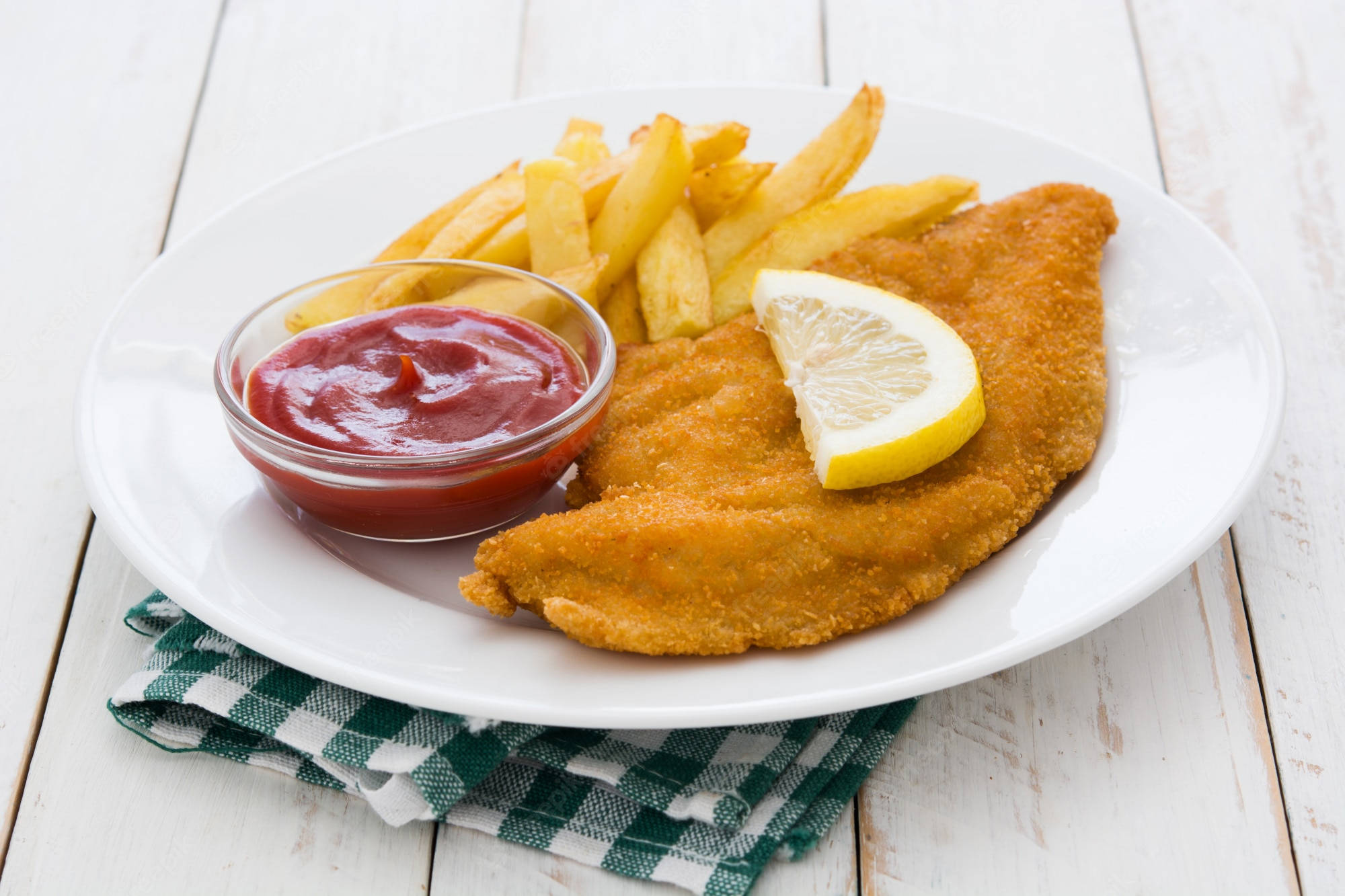 Wiener Schnitzel, fries, lemon wedge, Full HD Desktop Wallpaper