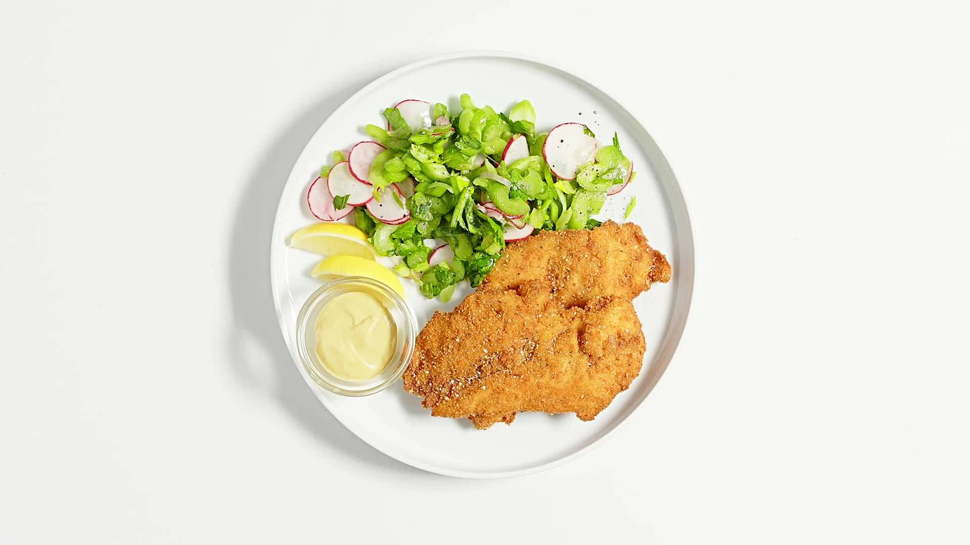 Wiener Schnitzel, white platter, golden-brown breaded schnitzel, Full HD Desktop Wallpaper