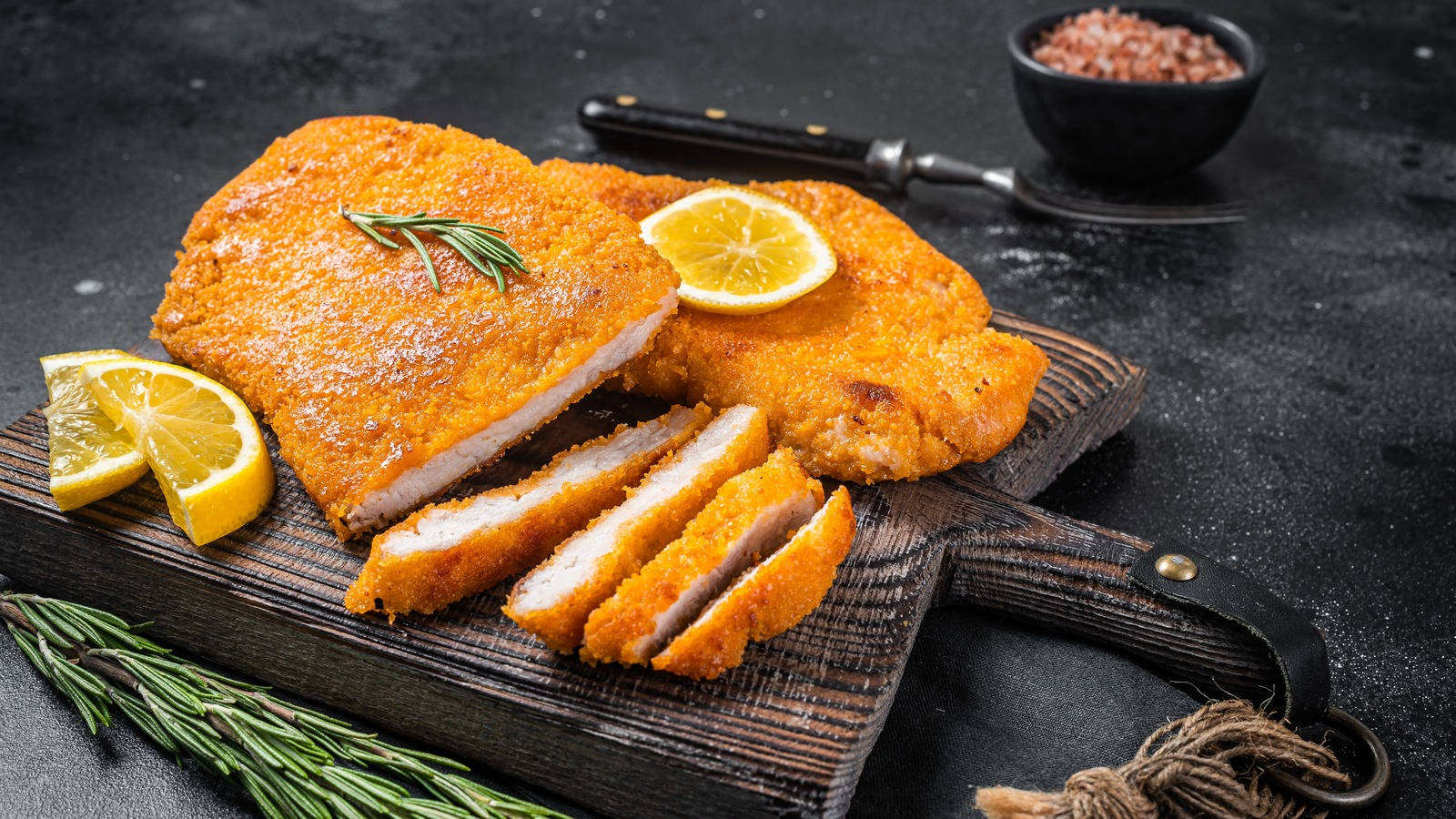 Wiener Schnitzel, golden-brown breaded chicken cutlets, rustic wooden board, HD Desktop Wallpaper