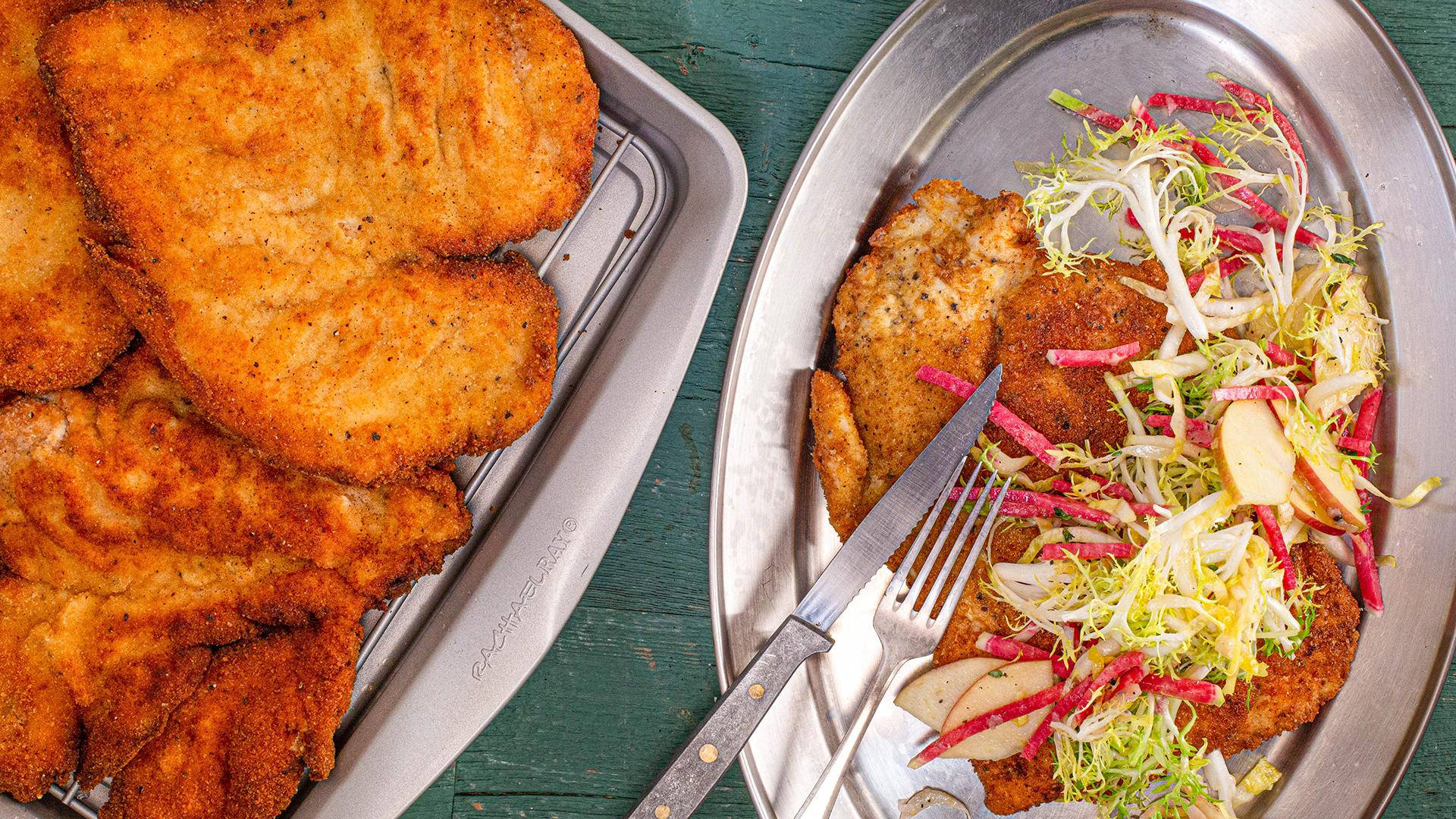 Wiener Schnitzel, silver platter, golden-brown breaded schnitzel, Full HD Desktop Wallpaper