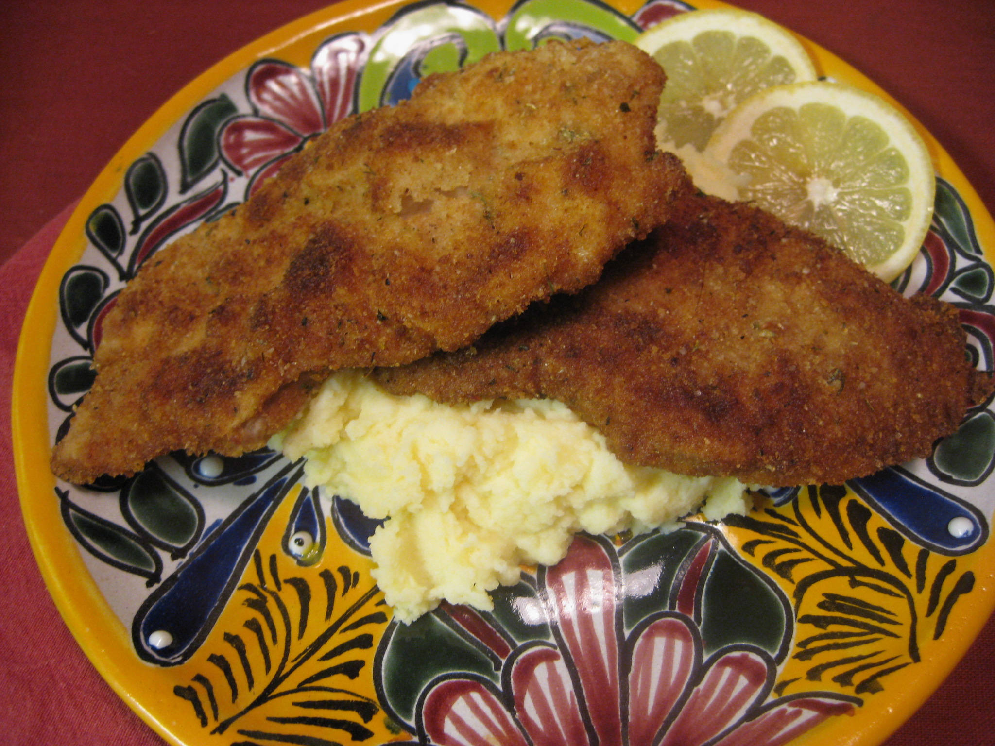 Wiener Schnitzel, creamy mashed potatoes, colorful patterned plate, Full HD Desktop Wallpaper