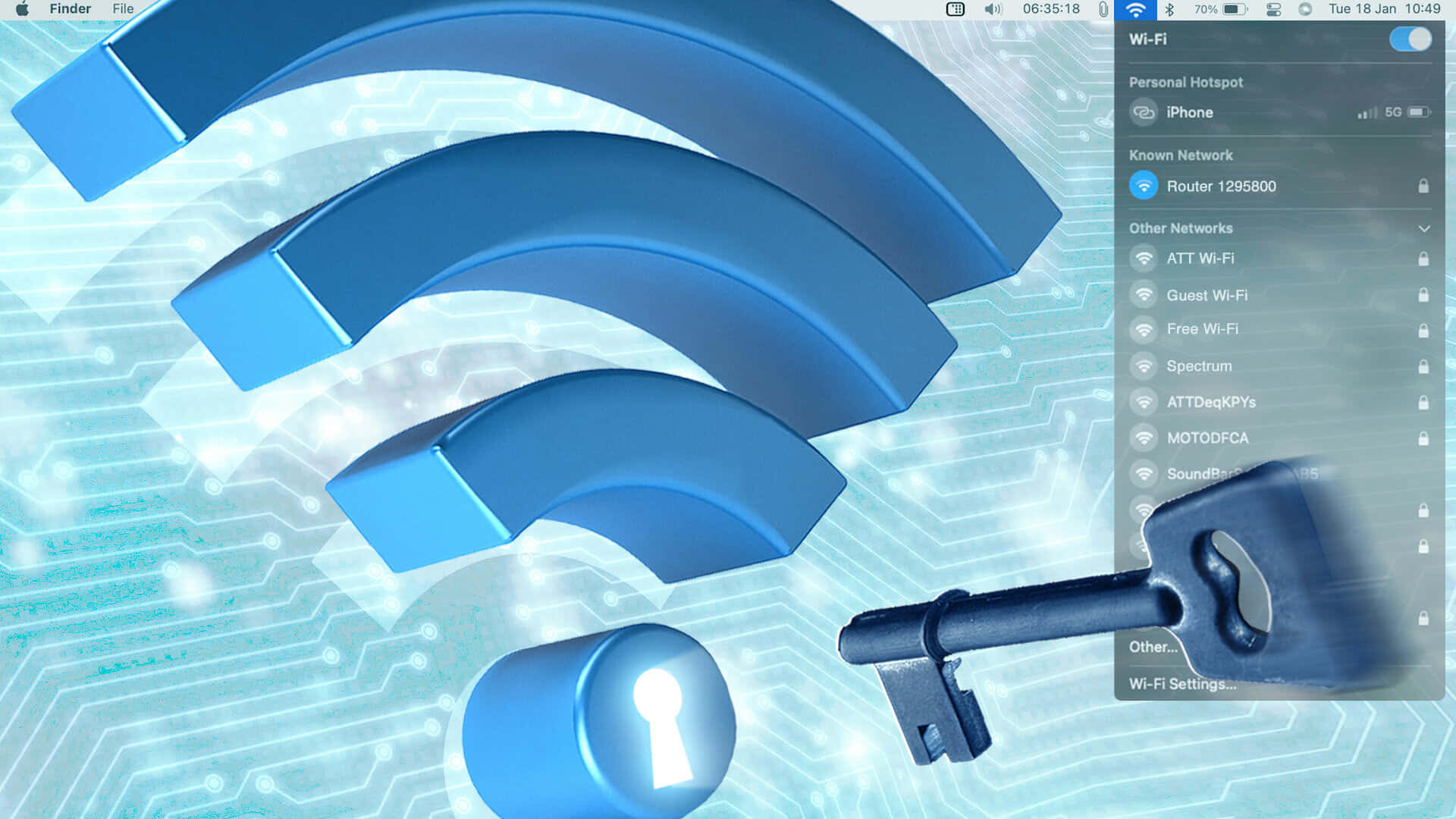 Wi-Fi symbol, circuit board, key and lock icon, Full HD Desktop Wallpaper