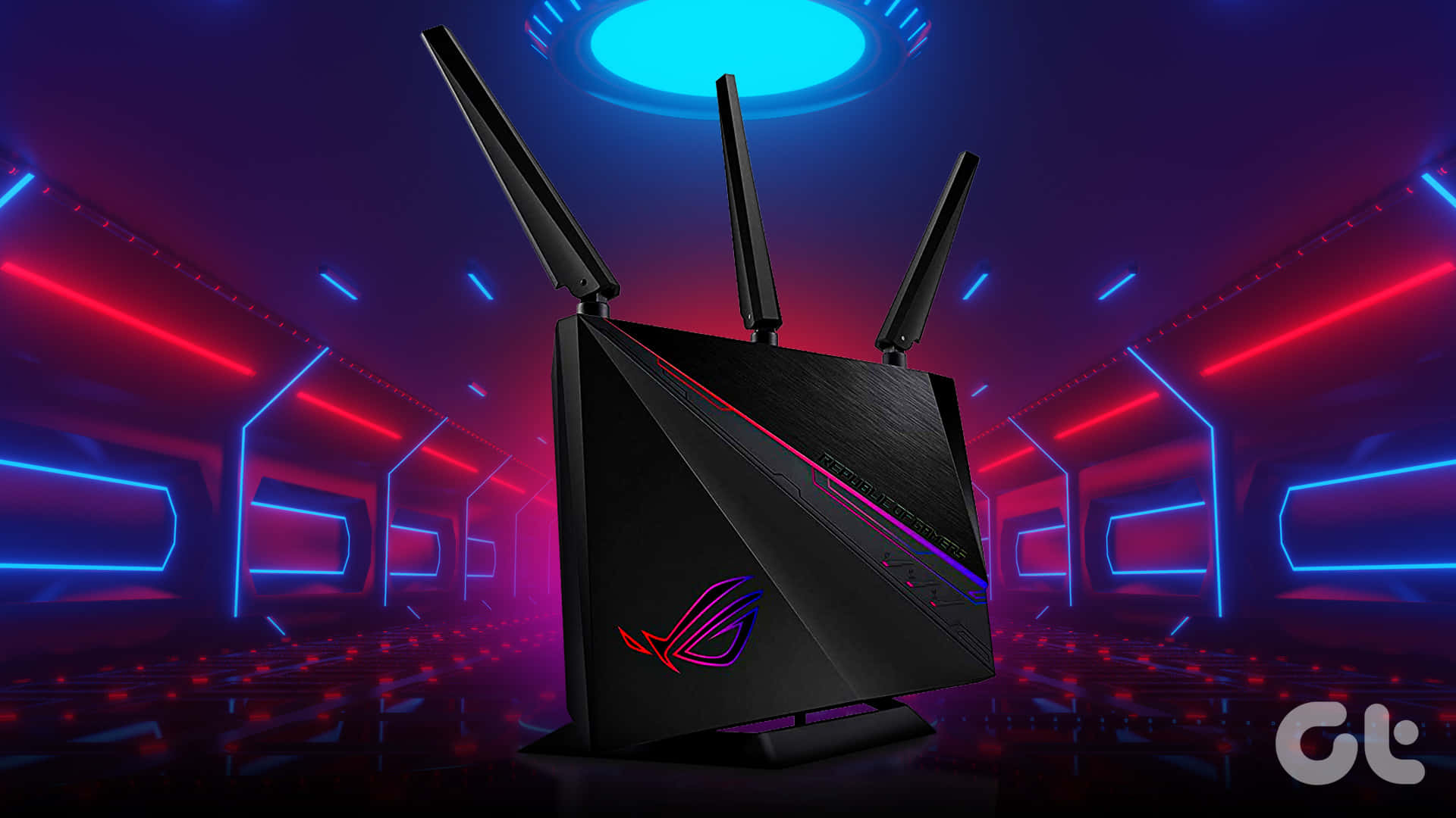black gaming router, glowing red and blue accents, neon-lit futuristic corridor, Full HD Desktop Wallpaper