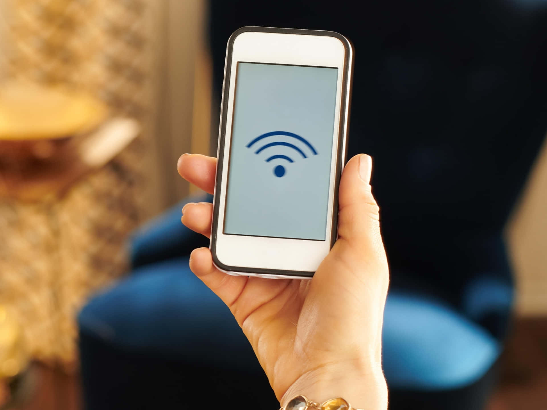 Wi-Fi symbol, blue furniture, blurred indoor background, Full HD Desktop Wallpaper