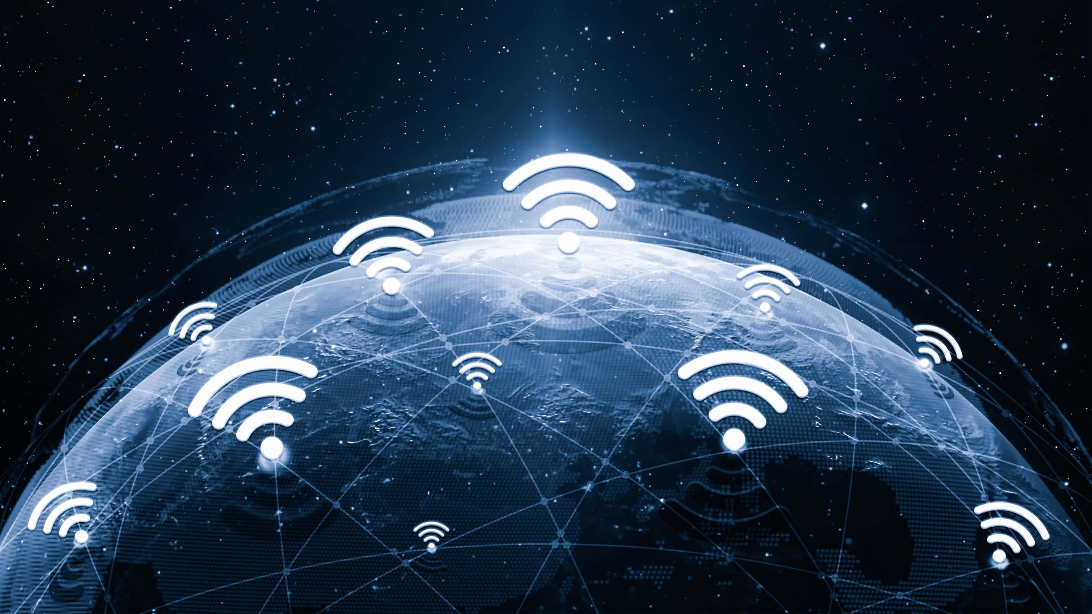 glowing blue planet Earth, glowing wifi symbols, starry night sky, 2K Desktop Wallpaper