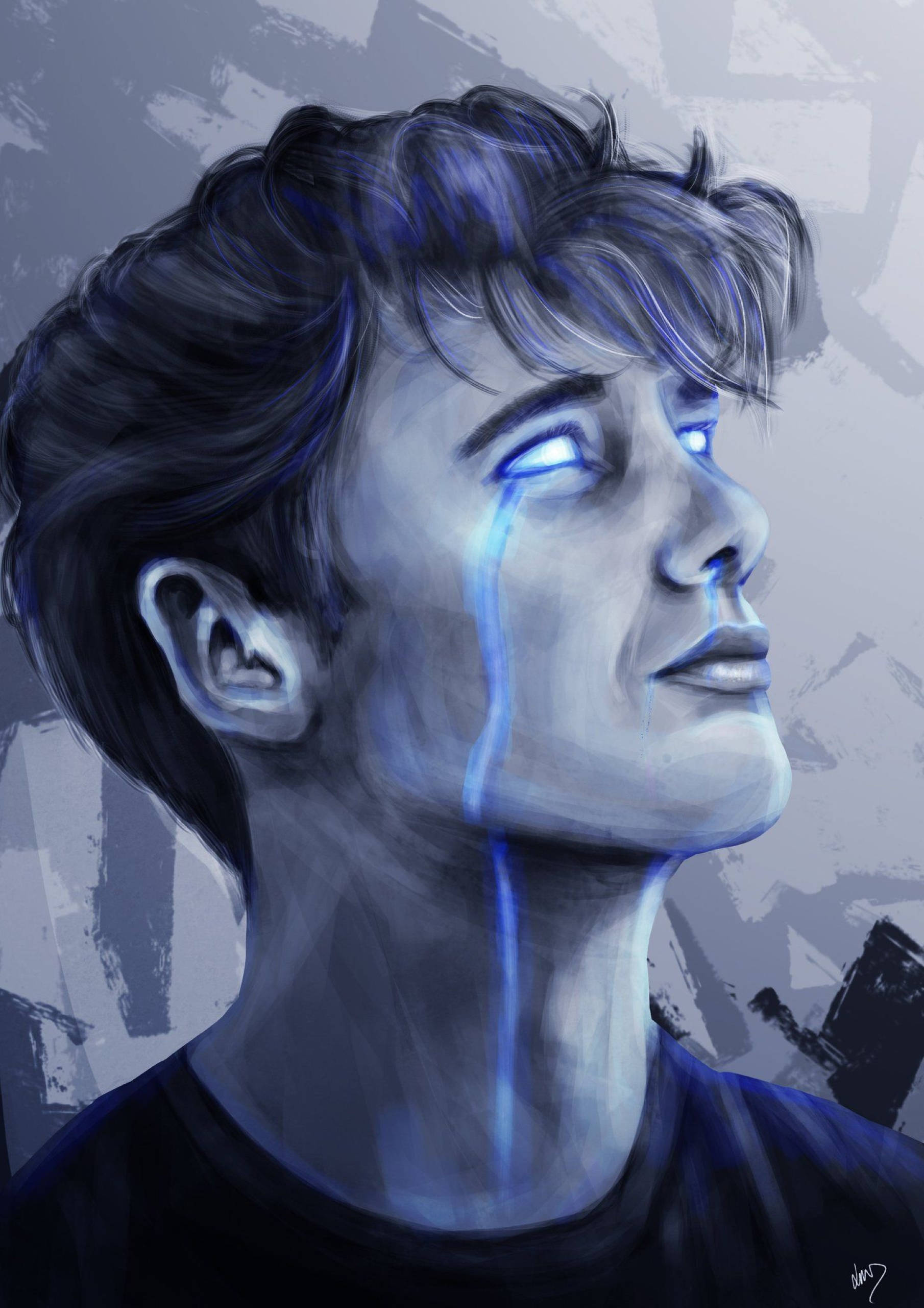 Wilbur Soot, glowing blue eyes, luminous tear, 2K Phone Wallpaper