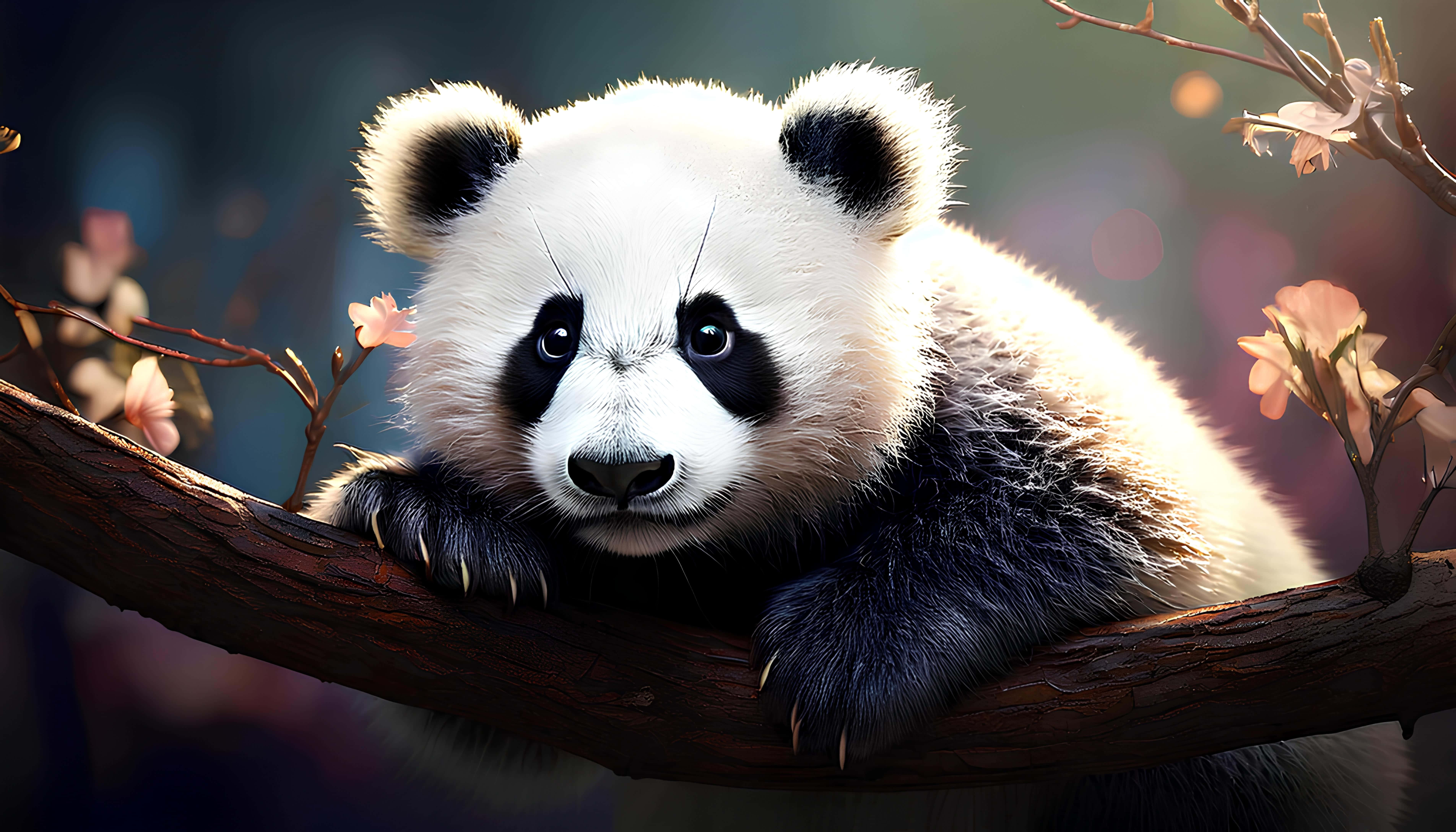 panda, panda cub, tree branch, 5K Desktop Wallpaper
