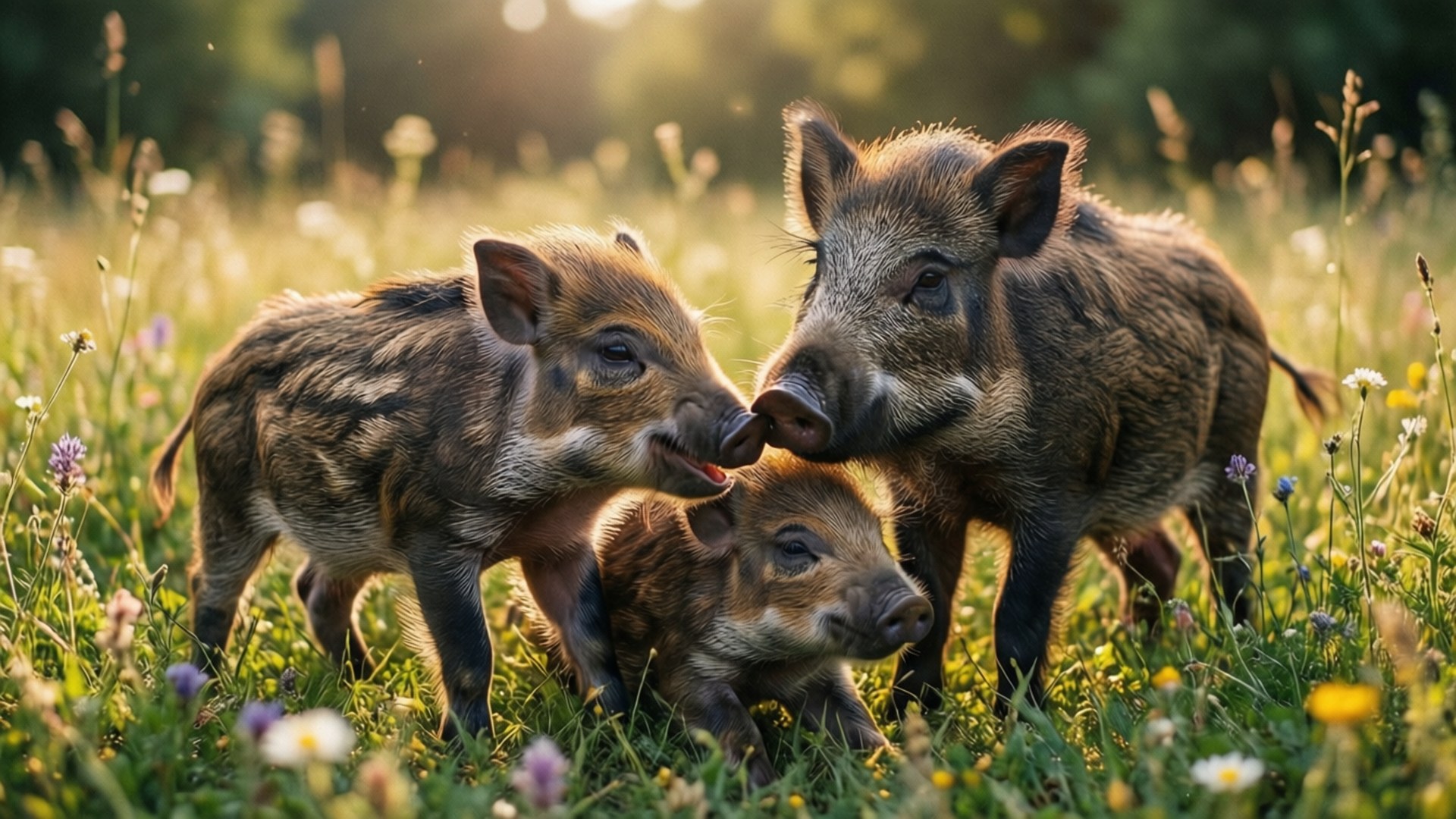 wild boar, piglets, meadow, Full HD Desktop Wallpaper
