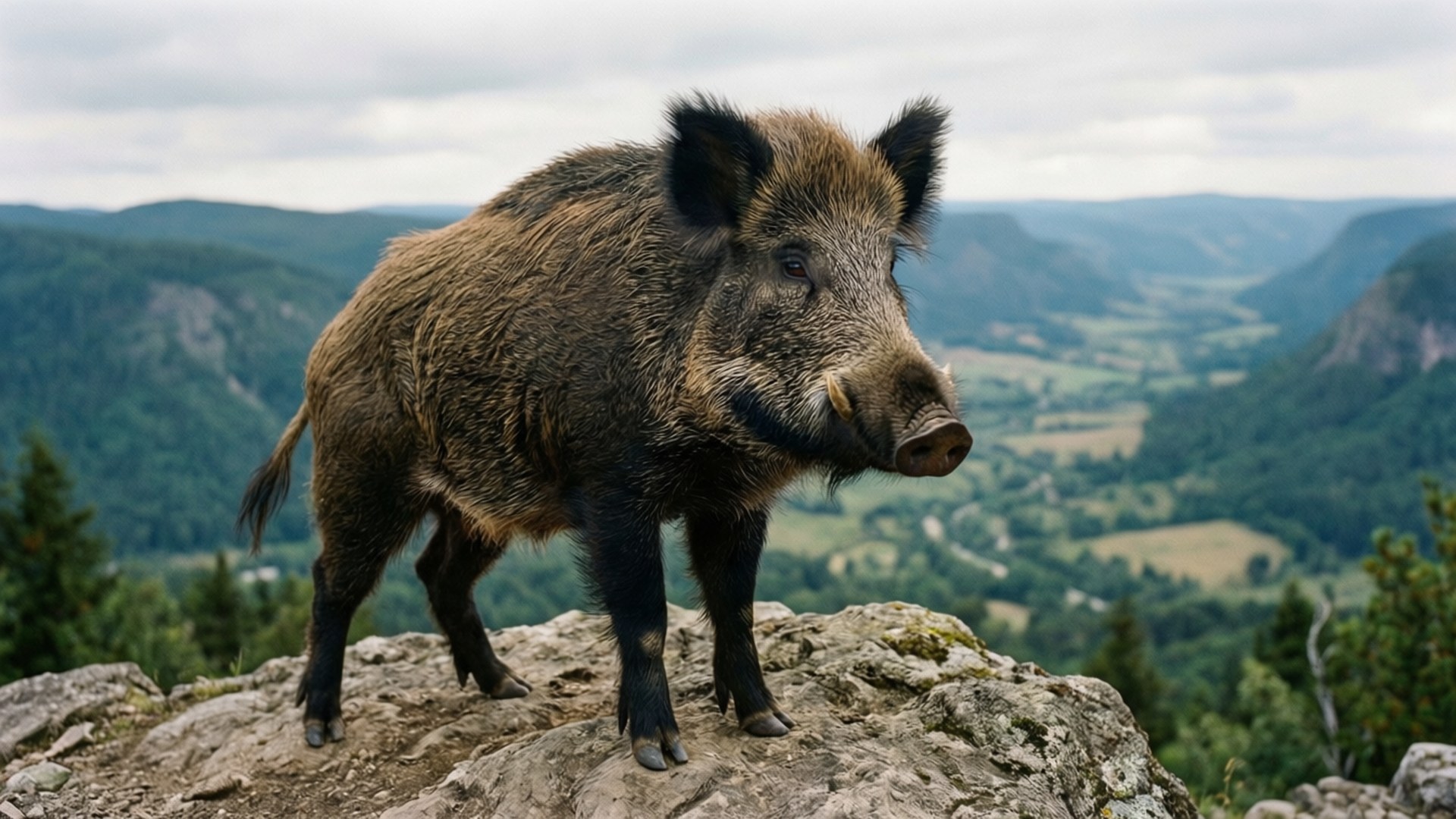 Wild Boar, rocky outcrop, green valley, Full HD Desktop Wallpaper