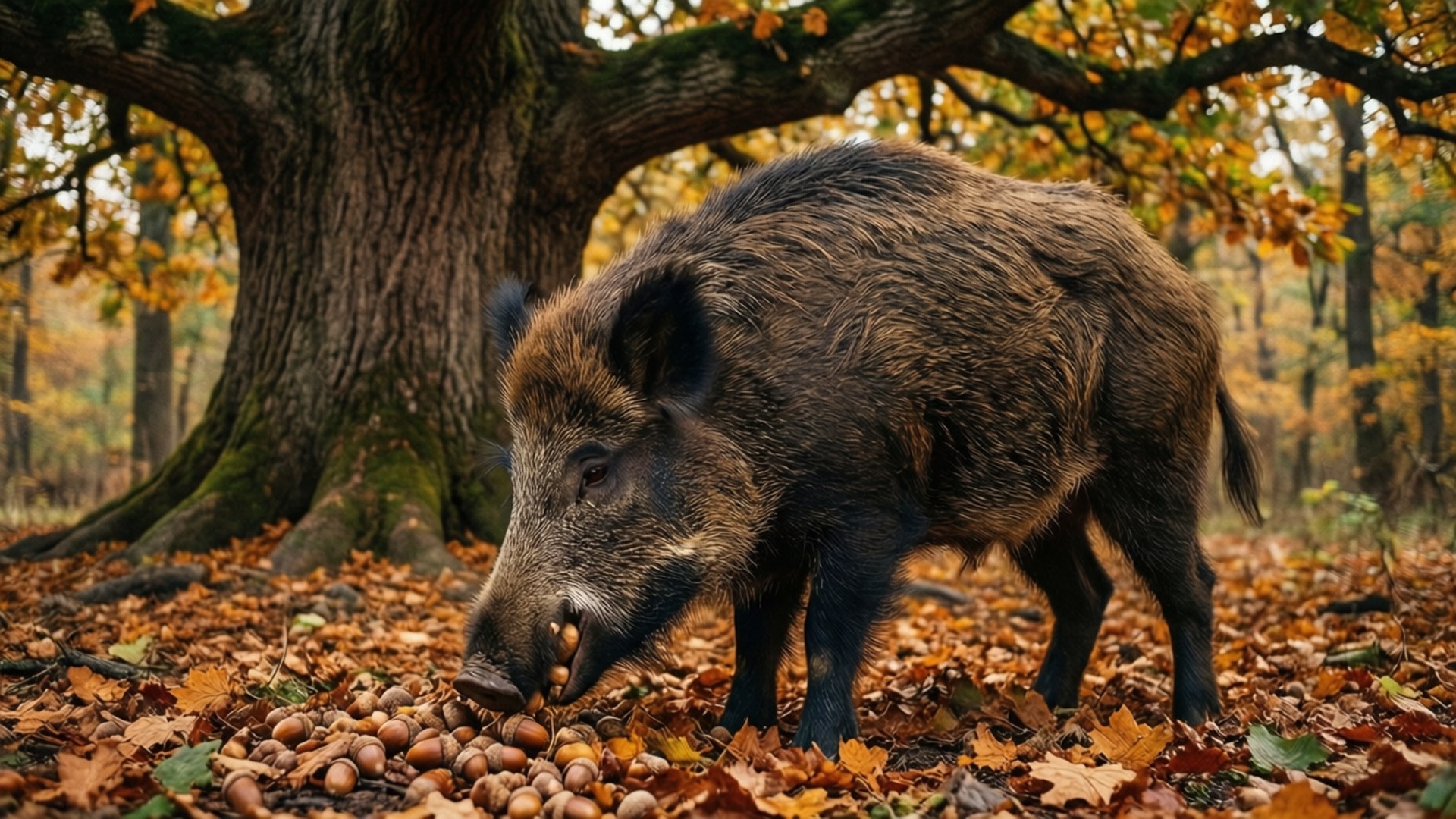 wild boar, acorns, giant oak tree, Full HD Desktop Wallpaper