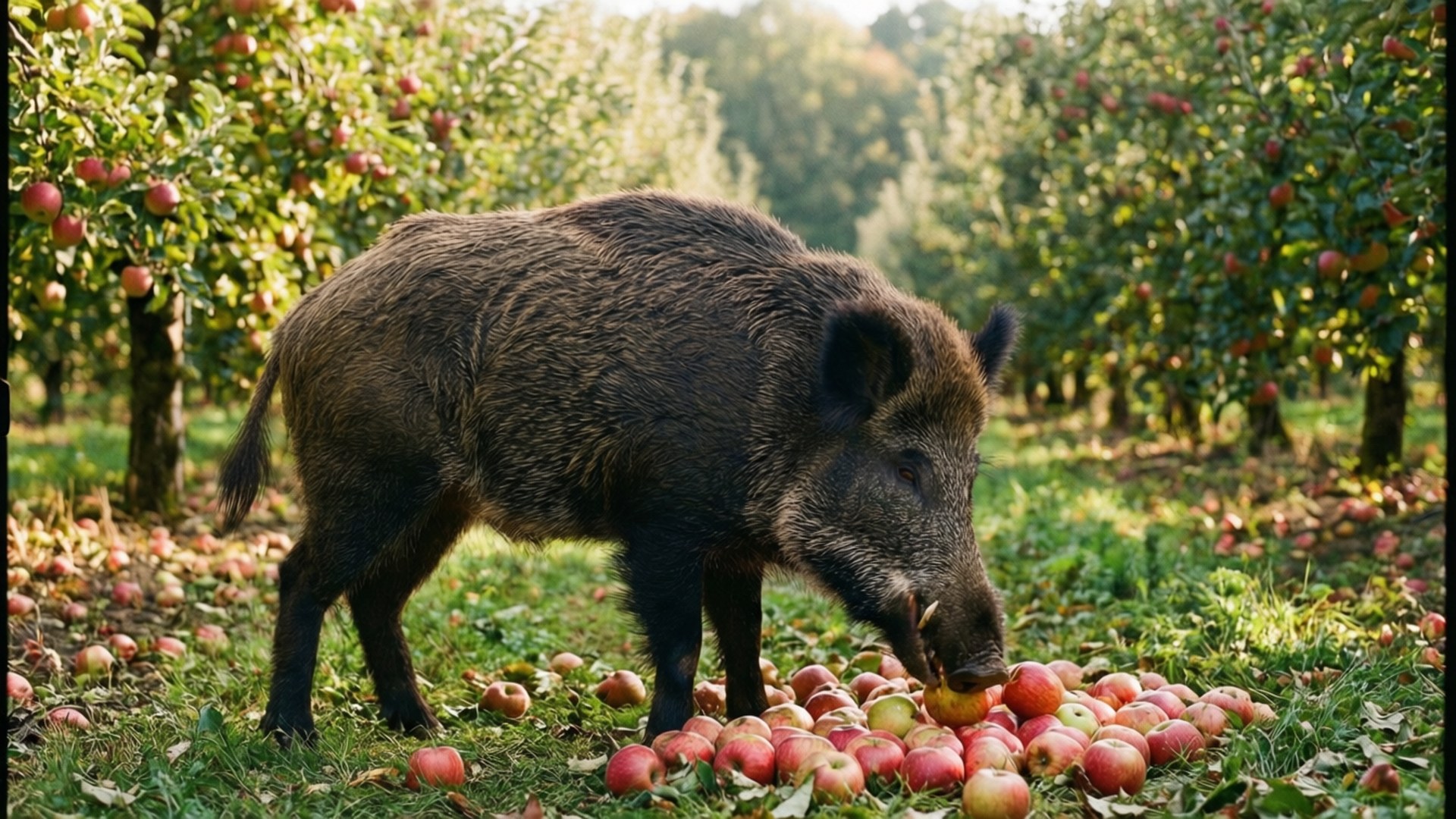 wild boar, red apples, sunlit orchard, Full HD Desktop Wallpaper