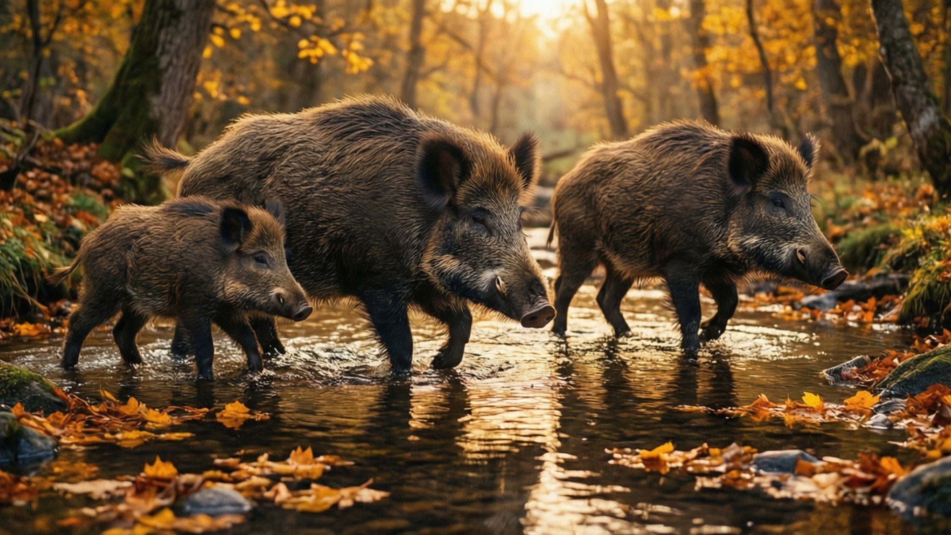 wild boars, shallow stream, golden autumn leaves, Full HD Desktop Wallpaper