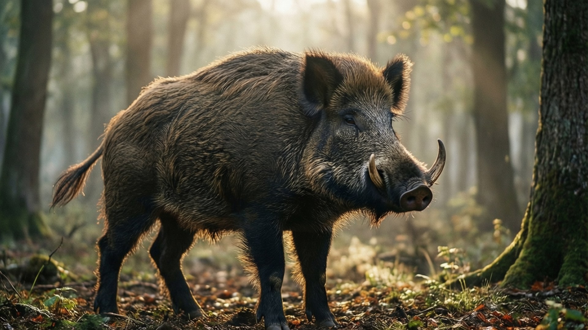 Misty Forest, wild boar, coarse brown fur, Full HD Desktop Wallpaper