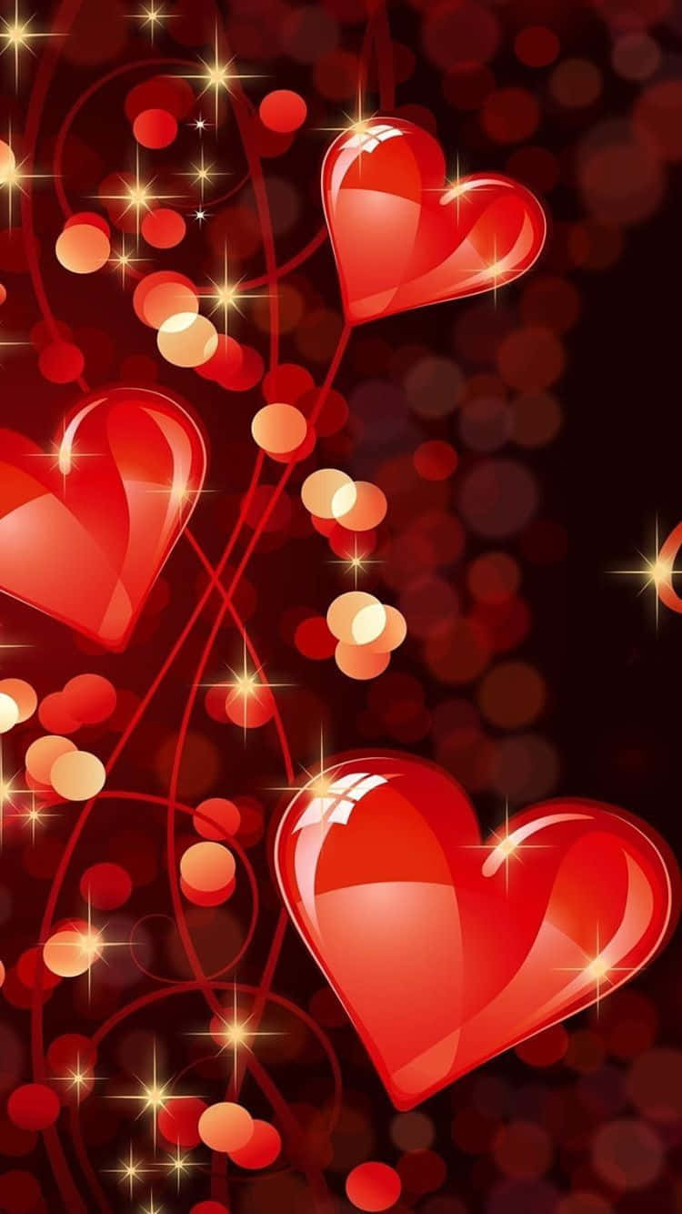 glossy red hearts, sparkling lights, swirling vines, HD Phone Wallpaper
