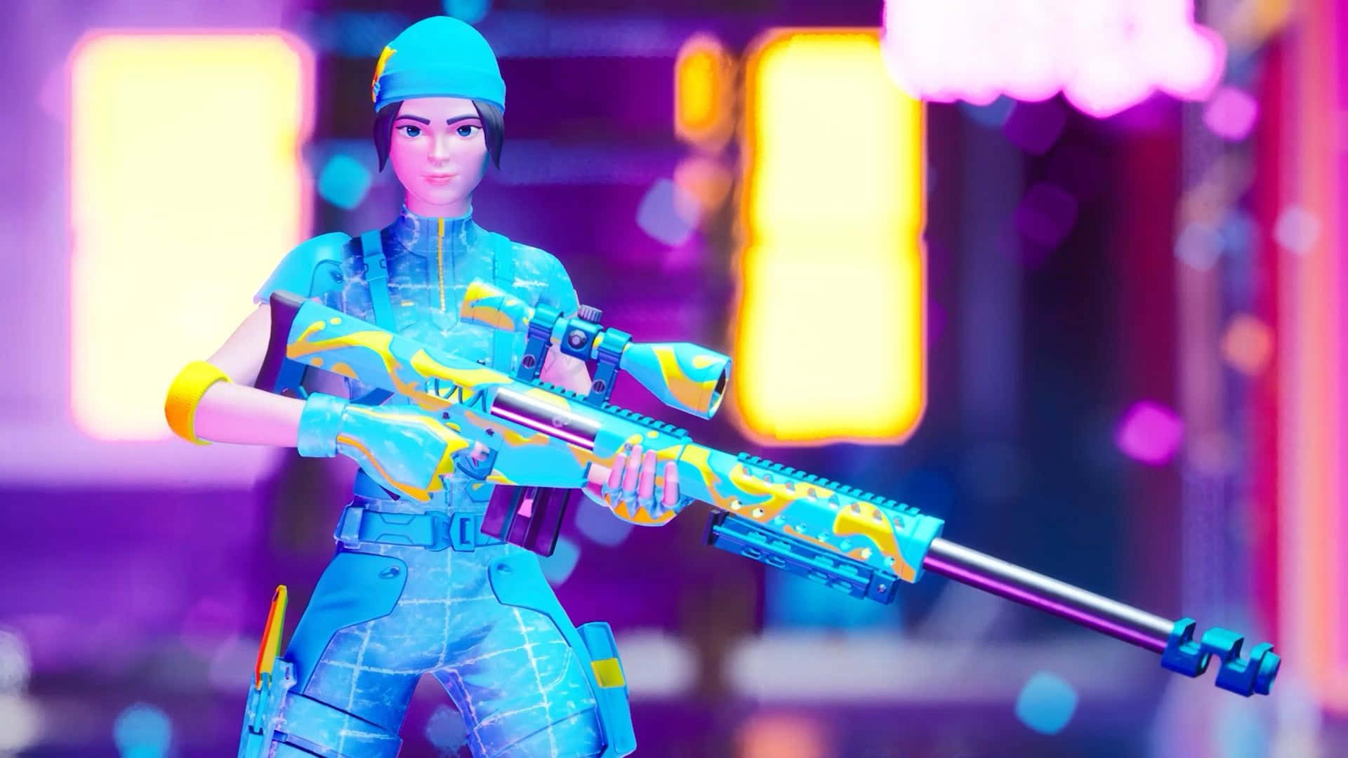 Wildcat Fortnite, blue and yellow gear, futuristic rifle, Full HD Desktop Wallpaper