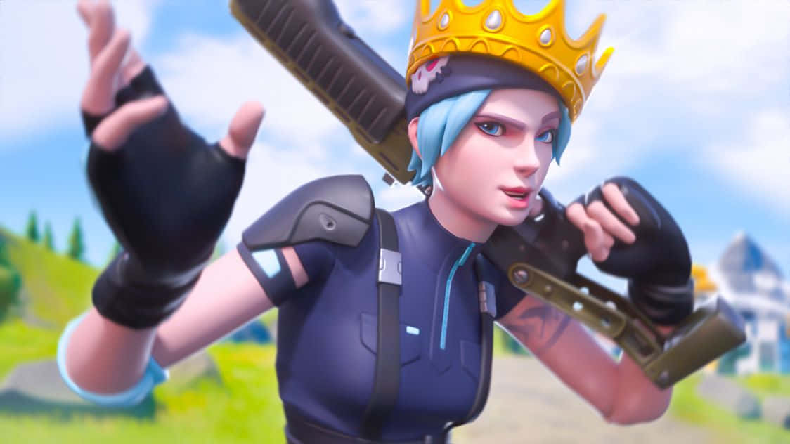 Wildcat Fortnite, blue hair, gold crown, SD Desktop Wallpaper