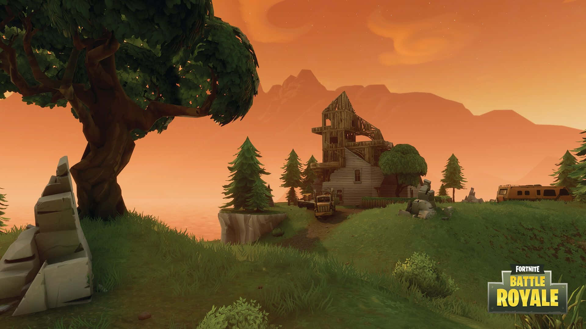 Wildcat Fortnite, rustic wooden house, grassy hill, Full HD Desktop Wallpaper