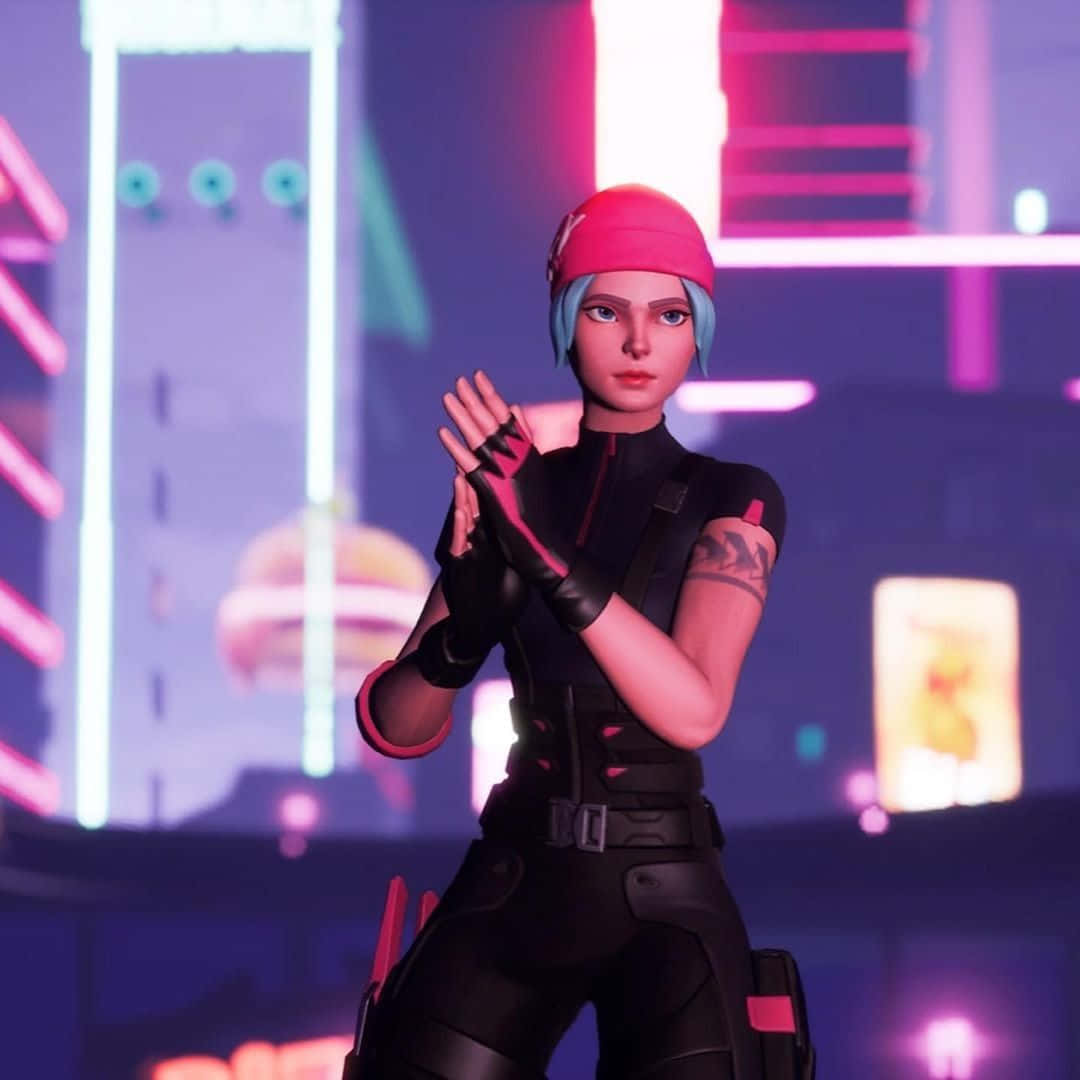 Wildcat Fortnite, neon-lit cityscape, blue hair, SD Desktop Wallpaper