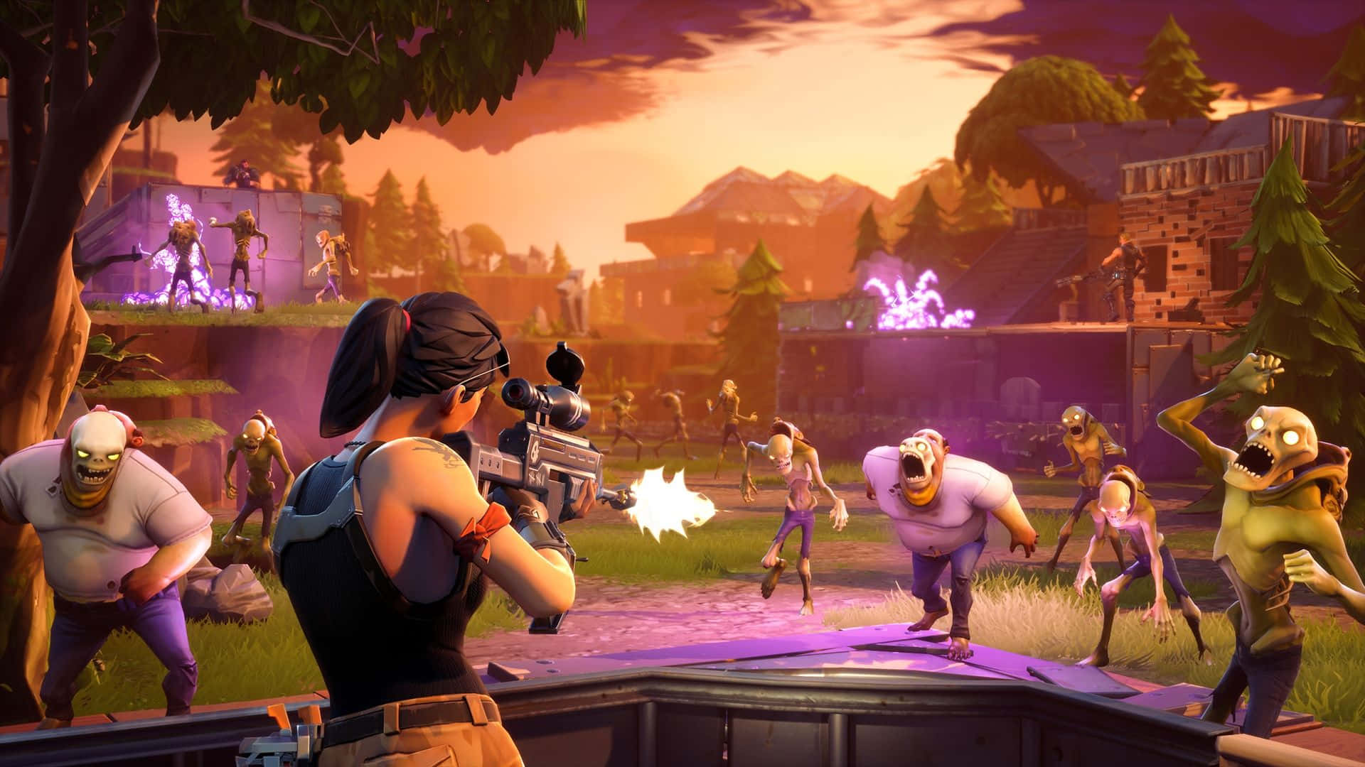 Fortnite, zombie, fiery orange sunset sky, Full HD Desktop Wallpaper