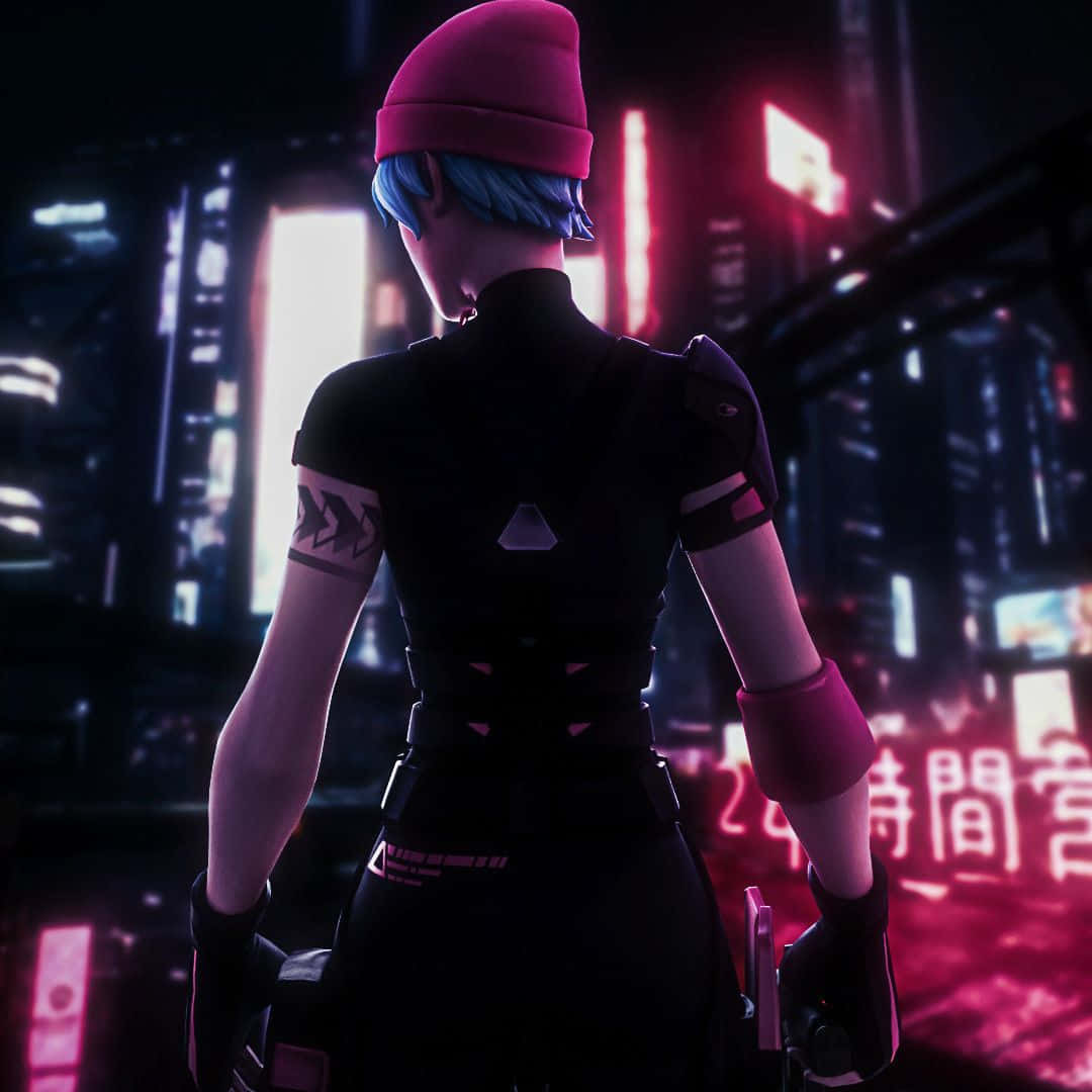 Wildcat Fortnite, neon-lit cityscape, cyberpunk anime character, SD Desktop Wallpaper