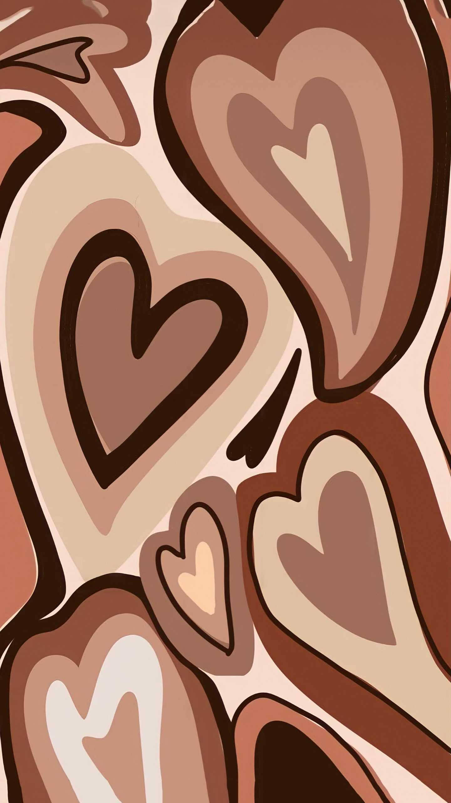 brown curvy wildflower heart pattern, warm earthy tones, bold outlines, 2K Phone Wallpaper