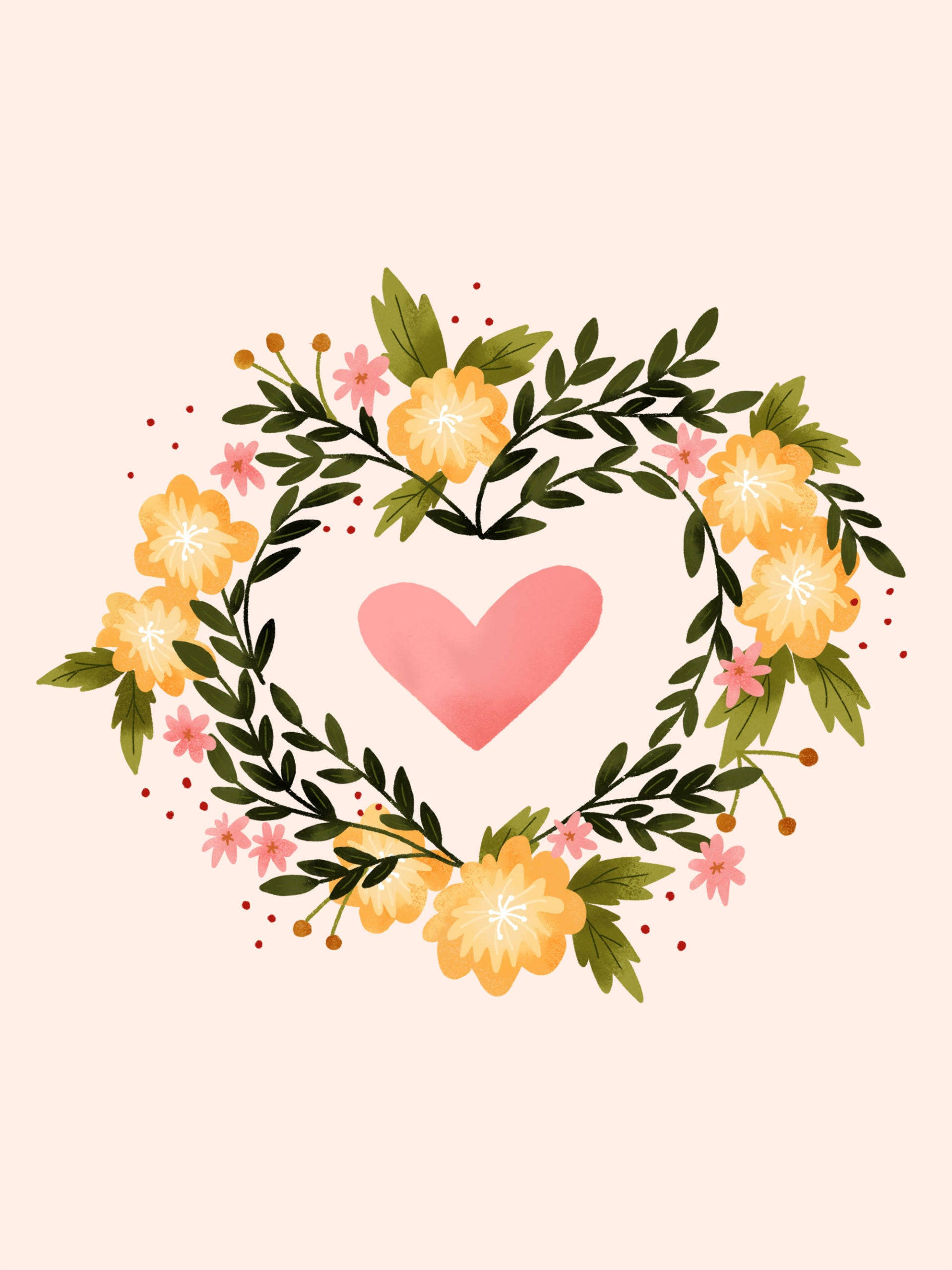 flower heart, watercolor heart wreath, yellow orange flowers, 2K Phone Wallpaper