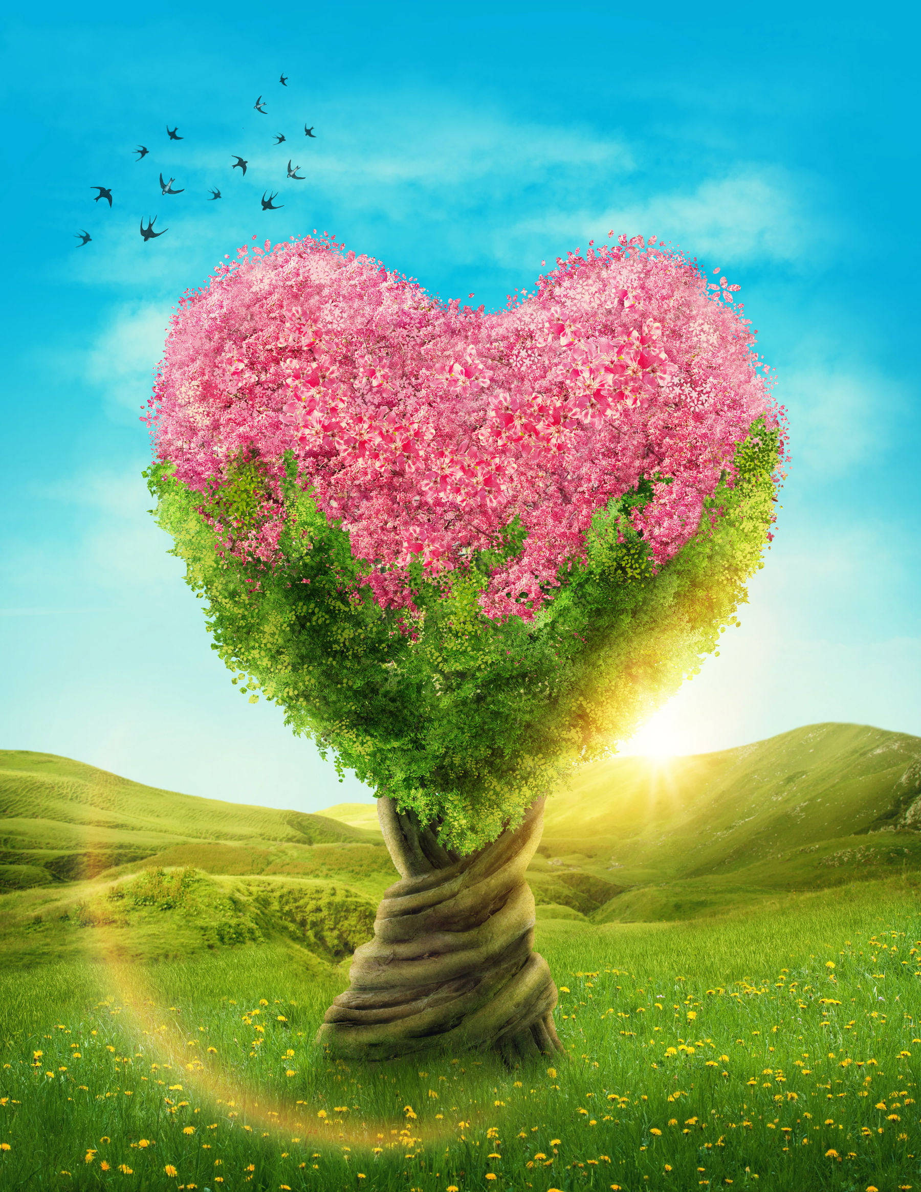 heart-shaped tree, pink blossoms, sunlit green field, Full HD Phone Wallpaper