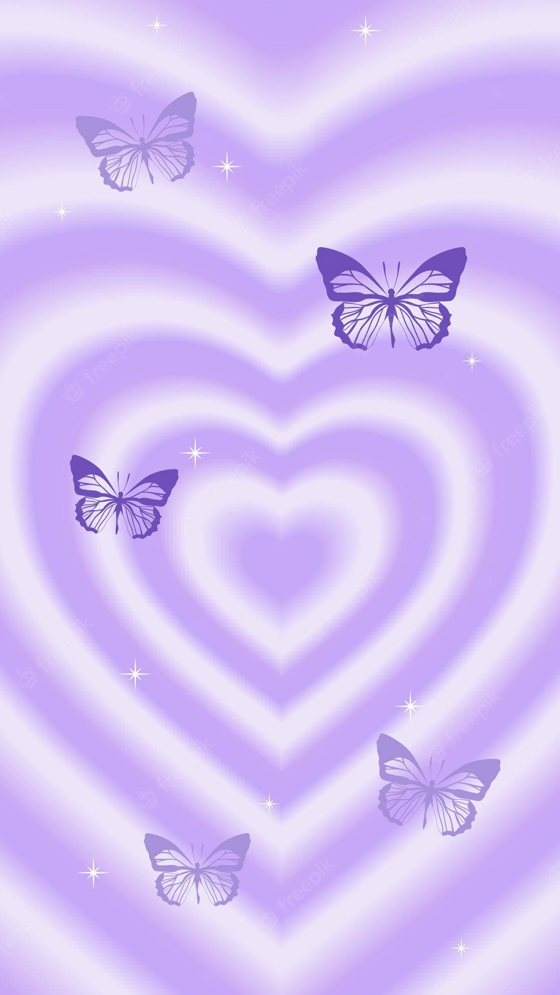 purple butterflies, glowing concentric hearts, soft lavender gradient background, Full HD Phone Wallpaper
