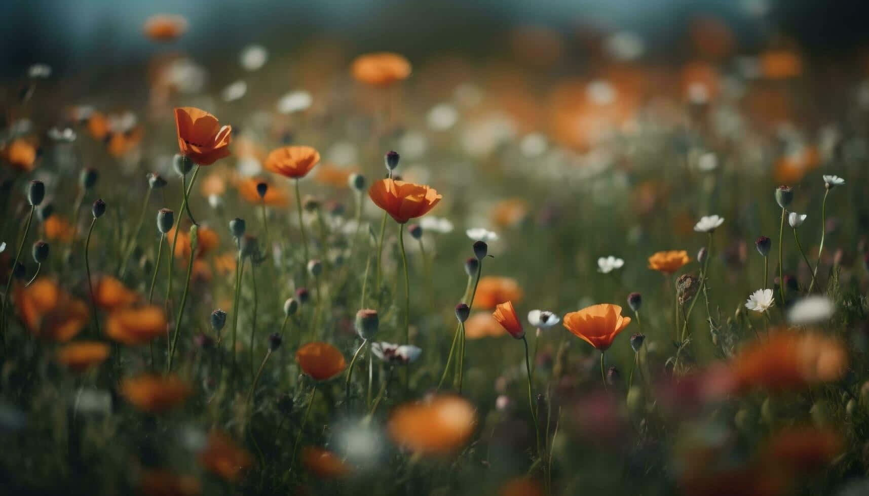 vintage wildflower meadow serenity, vibrant orange poppies, delicate white flowers, HD Desktop Wallpaper